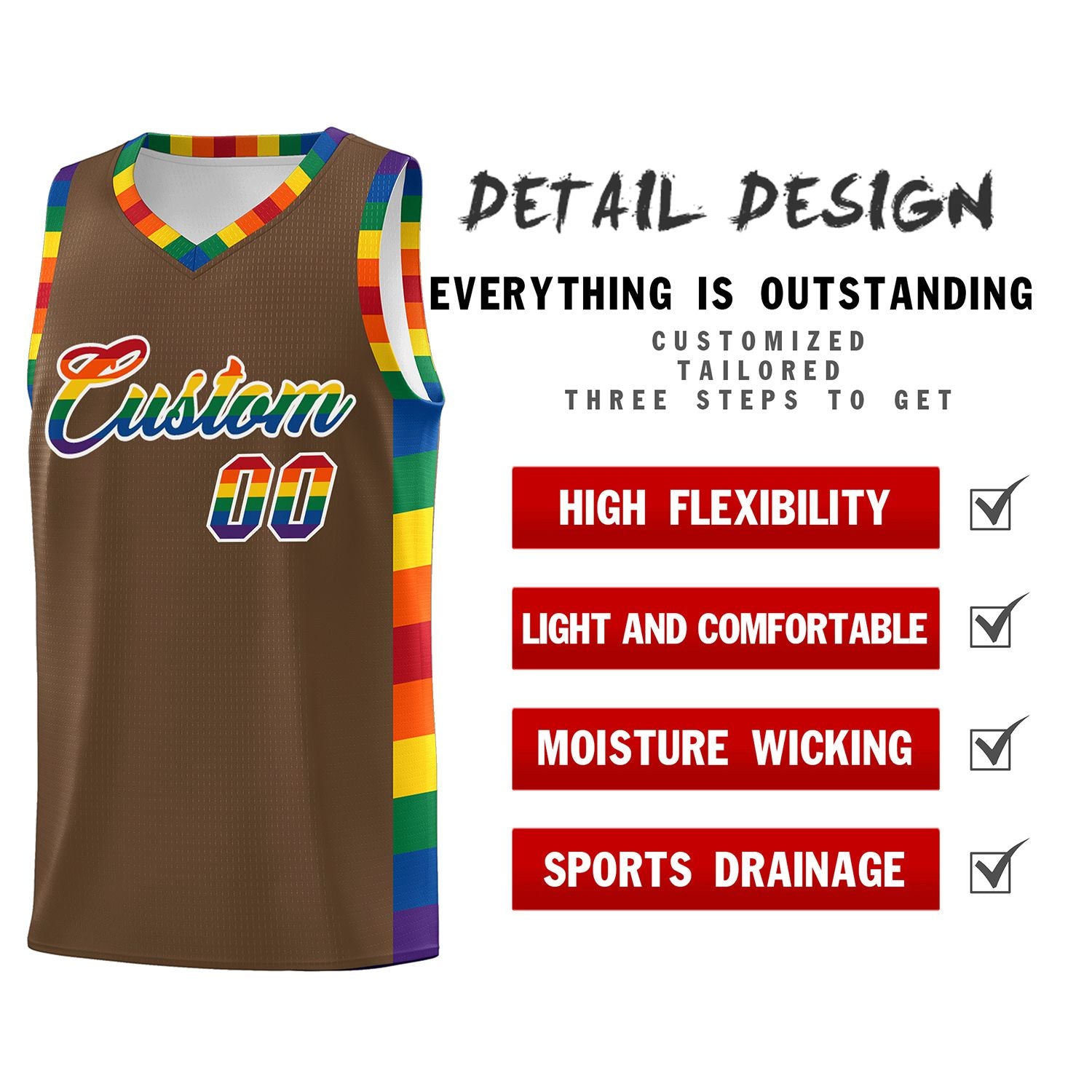 Benutzerdefinierter hellbrauner LGBT-Regenbogen für den Pride Month Sportuniform-Basketballtrikot