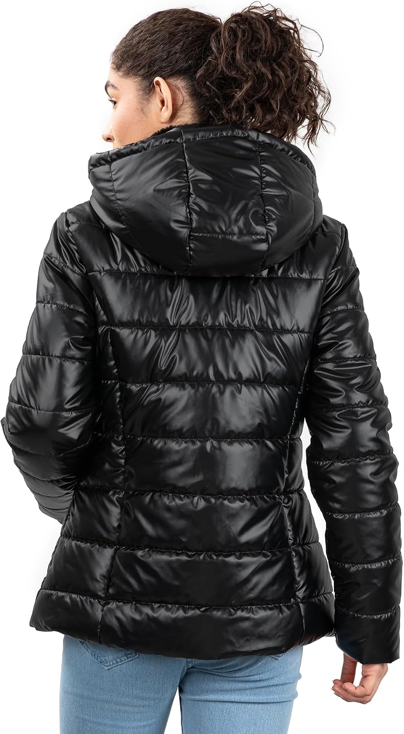 Women's Short Quilted Puffer Jacket Fleece Lined Hood Black