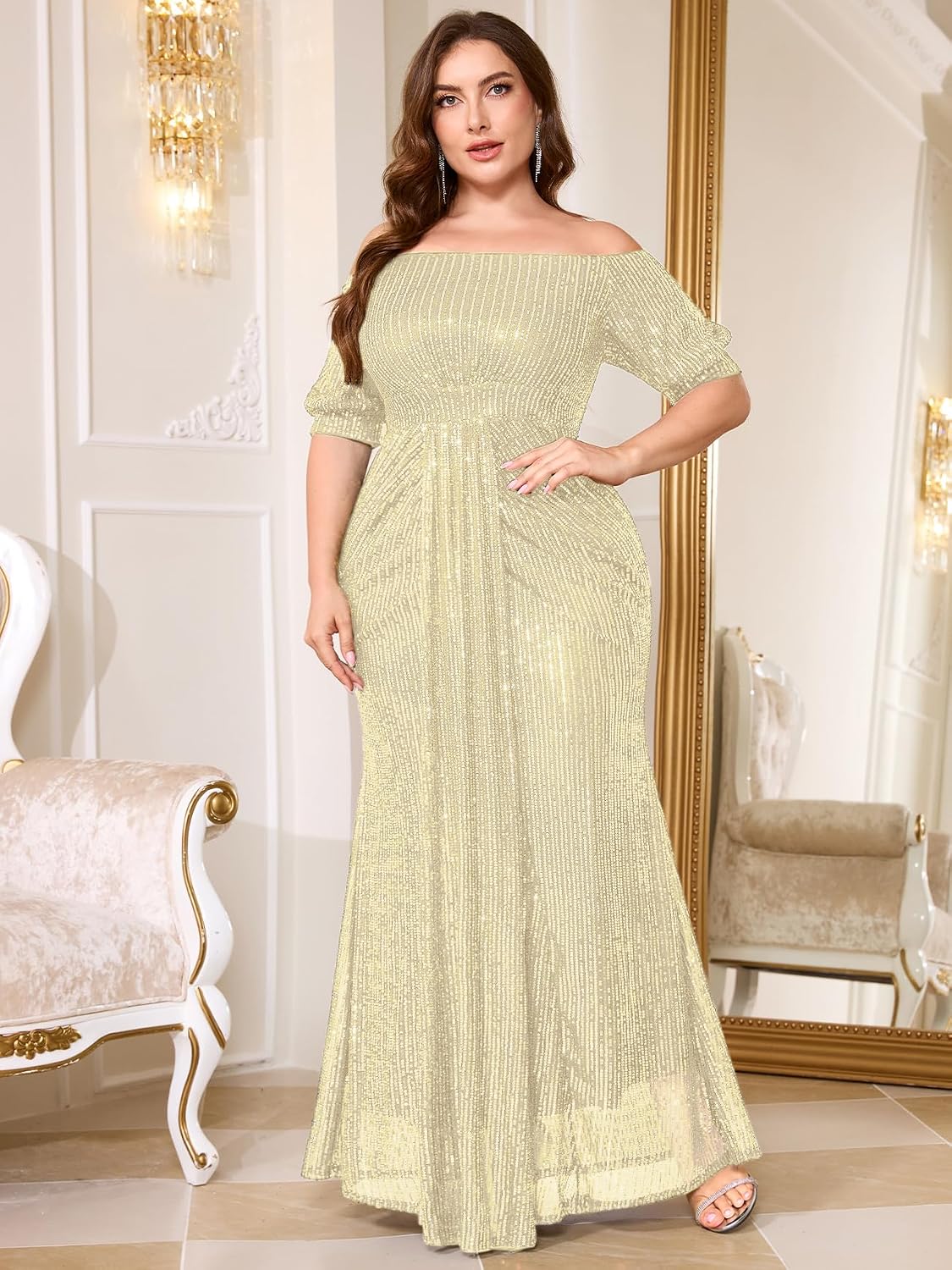 Plus Size Formal Dress Off the Shoulder Sequin Ruched Draped Maxi Evening Gown Cocktail Wedding Prom Gala Party