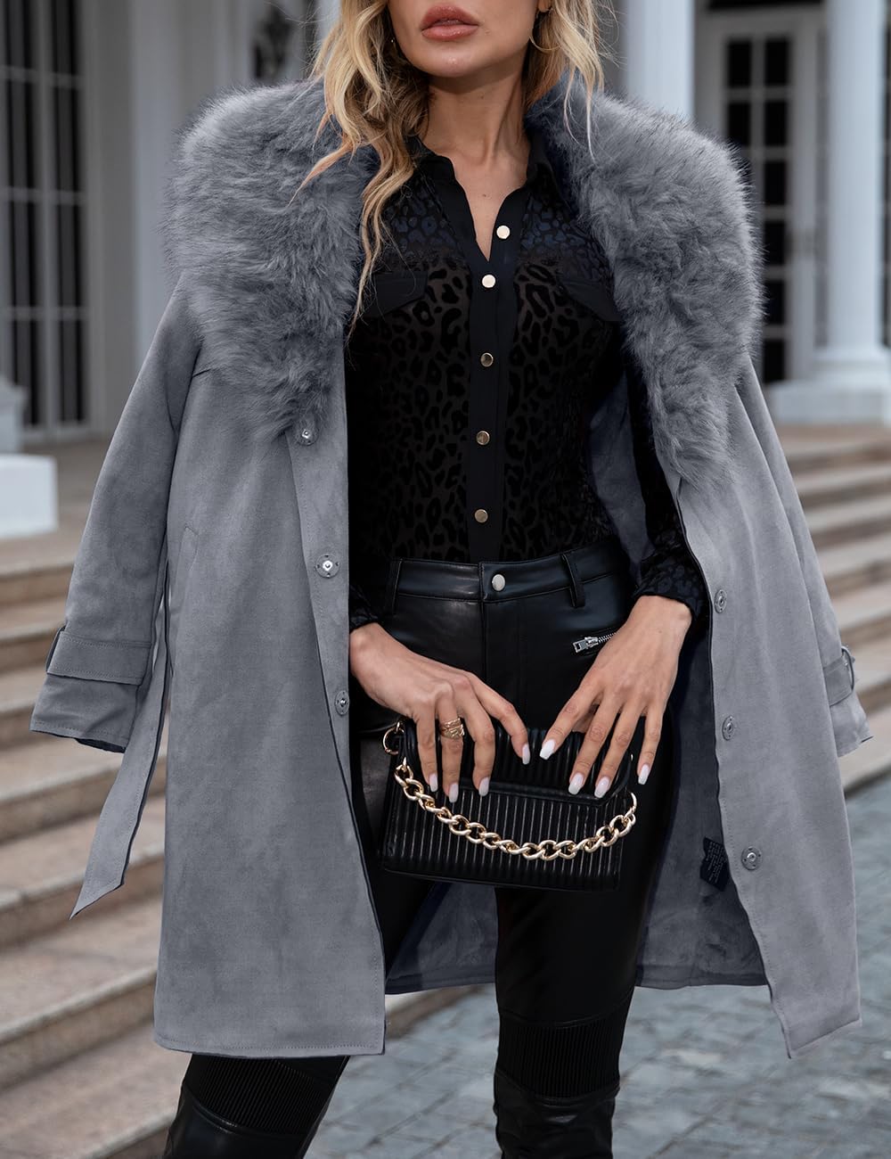Women Faux Leather Trench Coat Fleece-Lined Mid-length Jacket with Detachable Fur Collar Women Faux Leather Trench Coat Fleece-Lined Mid-length Jacket with Detachable Fur Collar