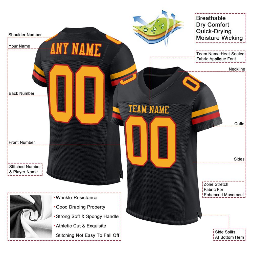 Maßgeschneidertes authentisches Mesh-Fußballtrikot im klassischen Schwarz-Gold-Scharlachrot-Stil