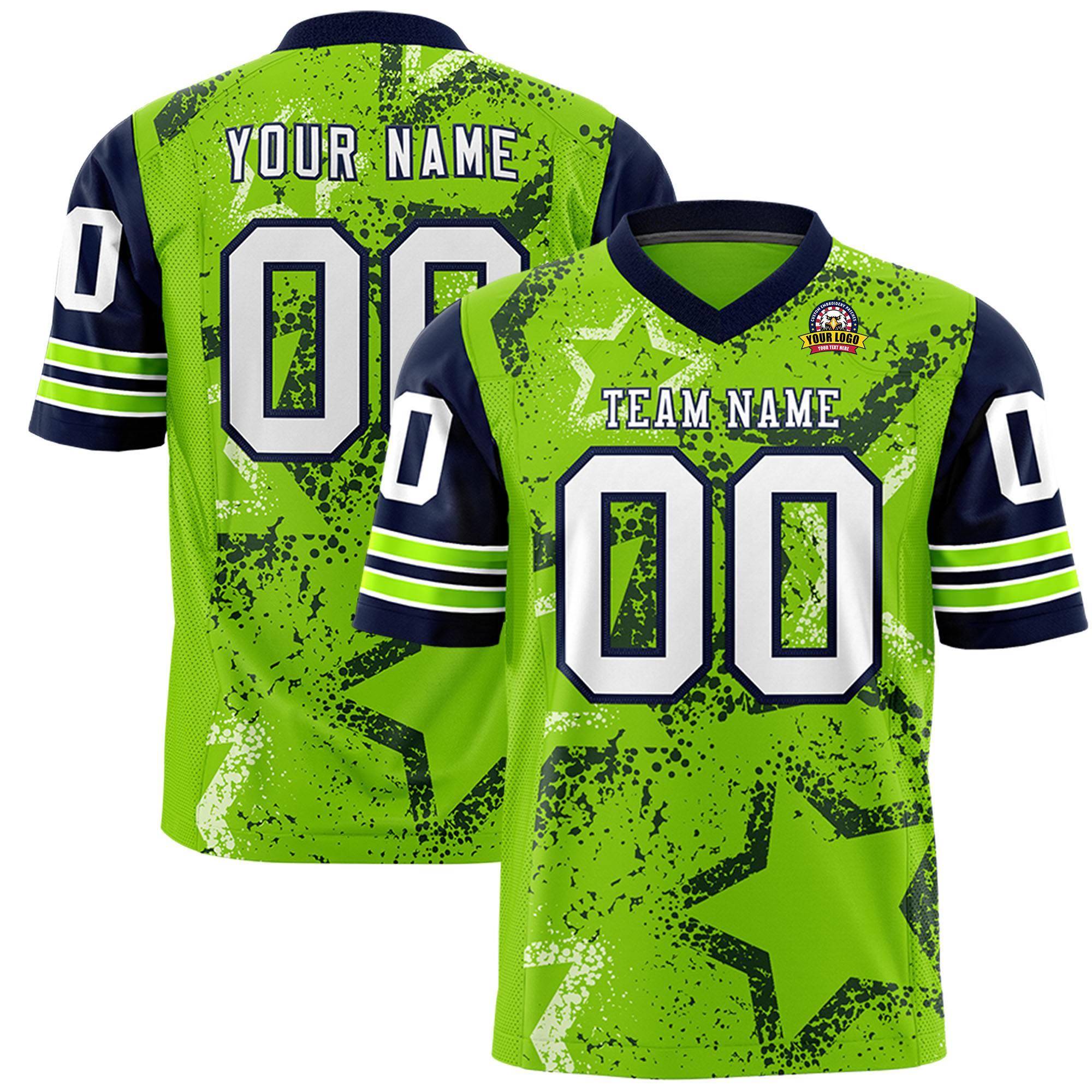 Benutzerdefiniertes neongrün-weißes personalisiertes Sternmuster-Design, authentisches Fußballtrikot