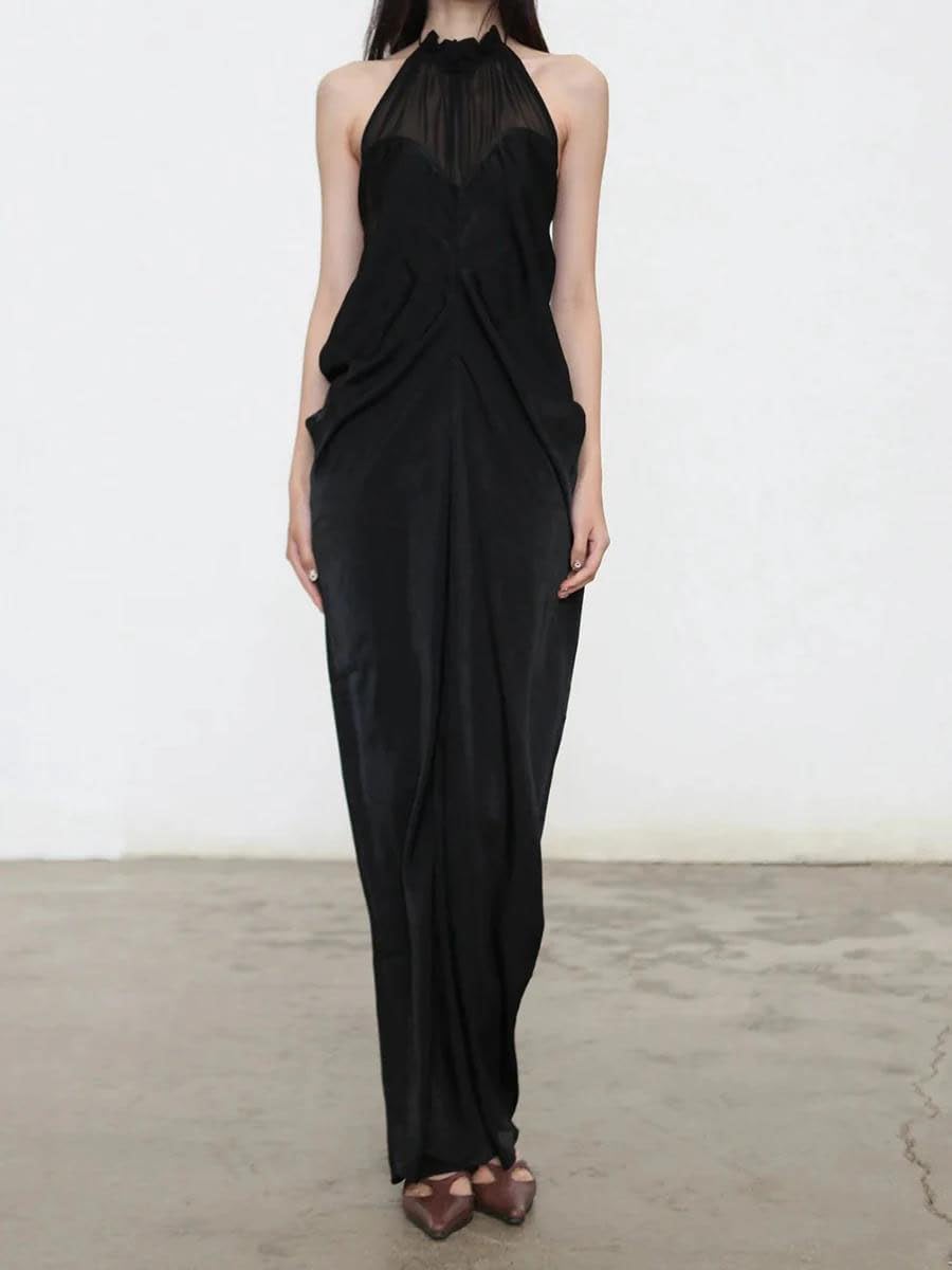 Women's Halter Maxi Dress Sheer Mesh Neck Ruched Nude Women's Halter Maxi Dress Sheer Mesh Neck Ruched Nude
