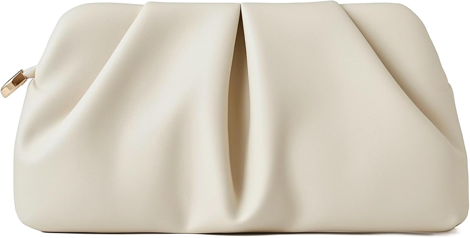 Women's Ruched Clutch Purse PU Leather Evening Bag Cream