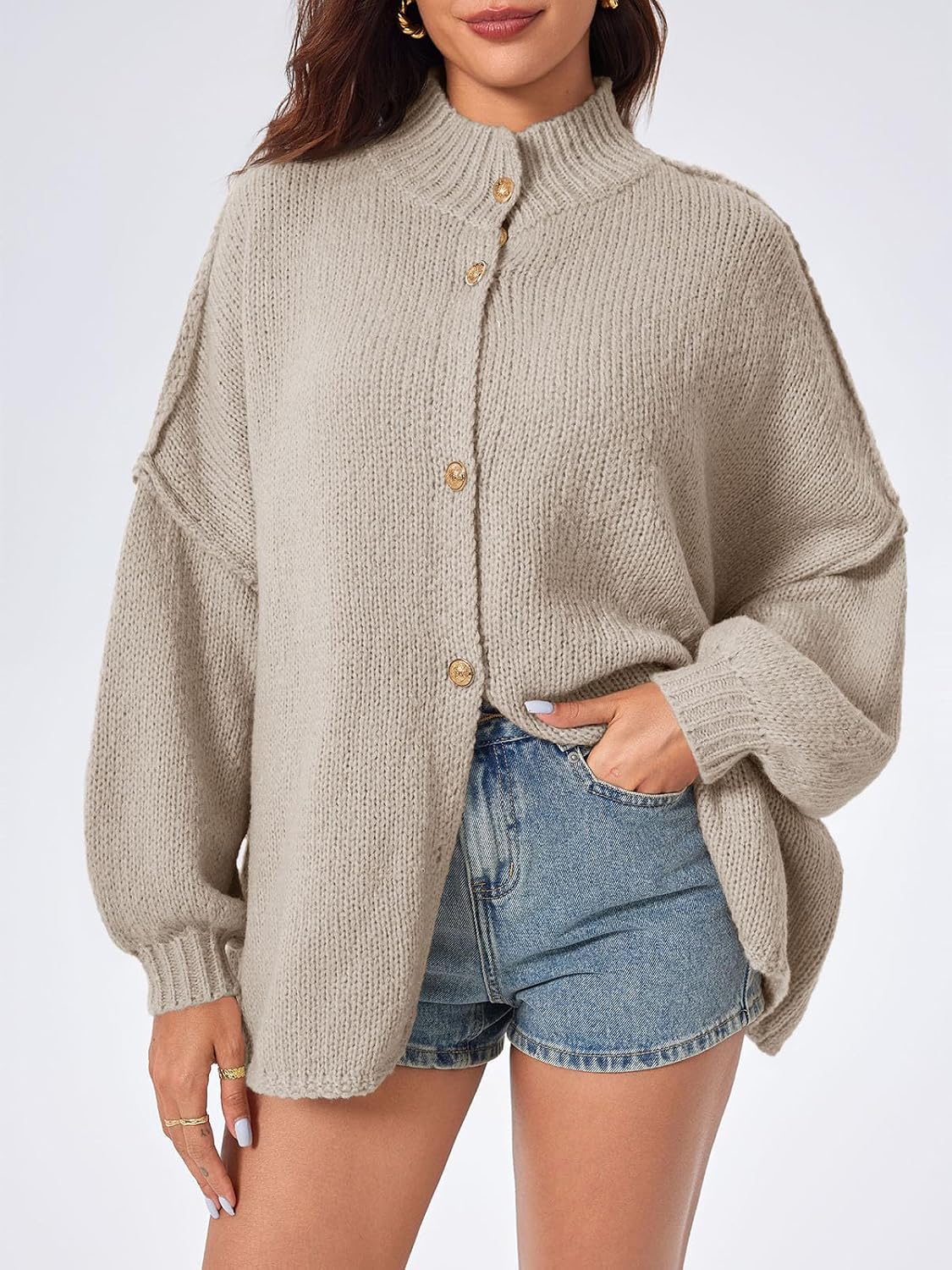 Womens Oversized Cardigans Long Lantern Sleeve Button Down Chunky Knit Loose Fall Sweater Coats