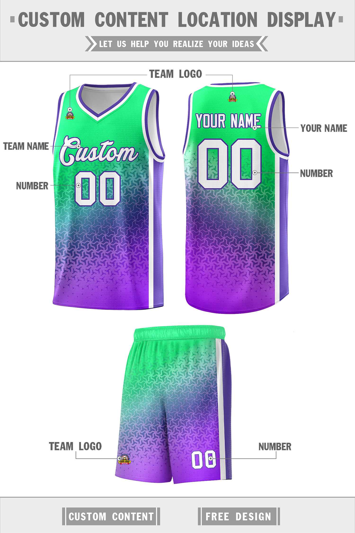 Benutzerdefinierte fluoreszierende grün lila Farbverlauf Design unregelmäßige Formen Muster Sport Uniform Basketball Jersey