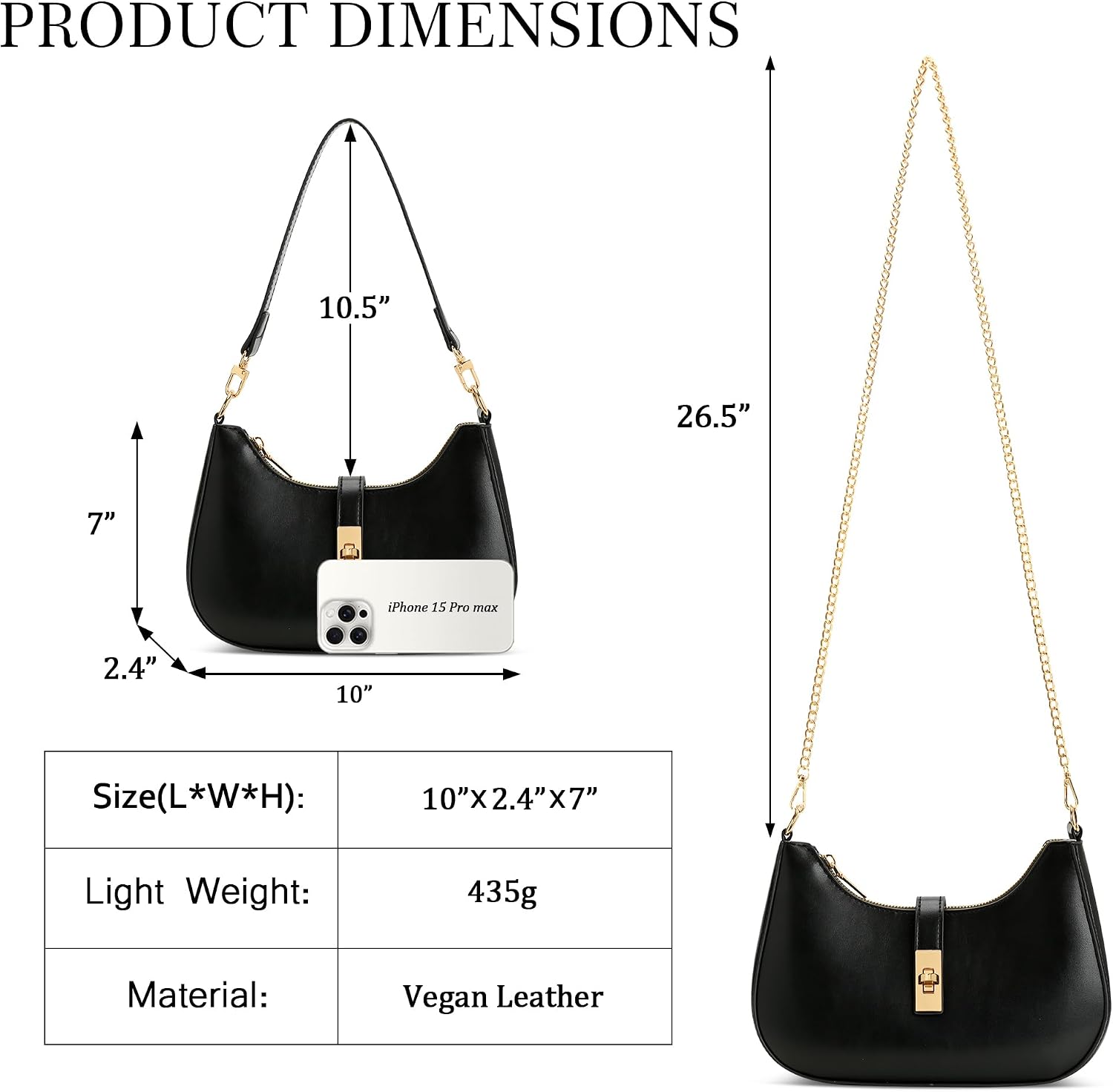 Women's Black PU Hobo Shoulder Bag Gold Clasp