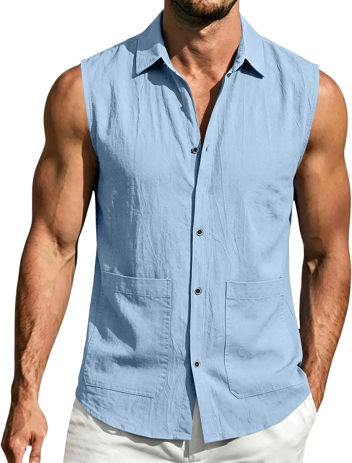 Men's Sleeveless Button Down Shirt Dual Pocket Light Blue