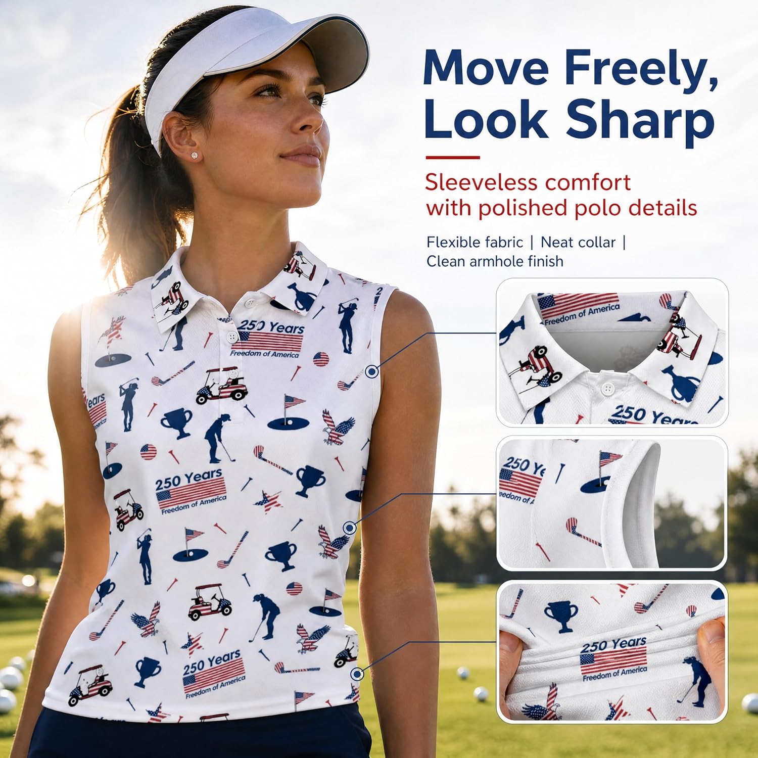 Women's Sleeveless Golf Polo Collared Tank Patriotic Print