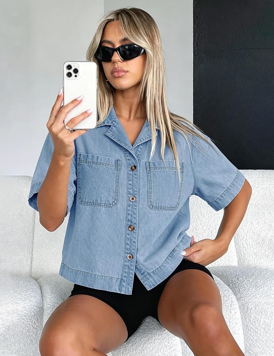 Womens Crop Denim Top Short Sleeve Shirt Button Down Jean for Women Cropped Shirts with Pocket