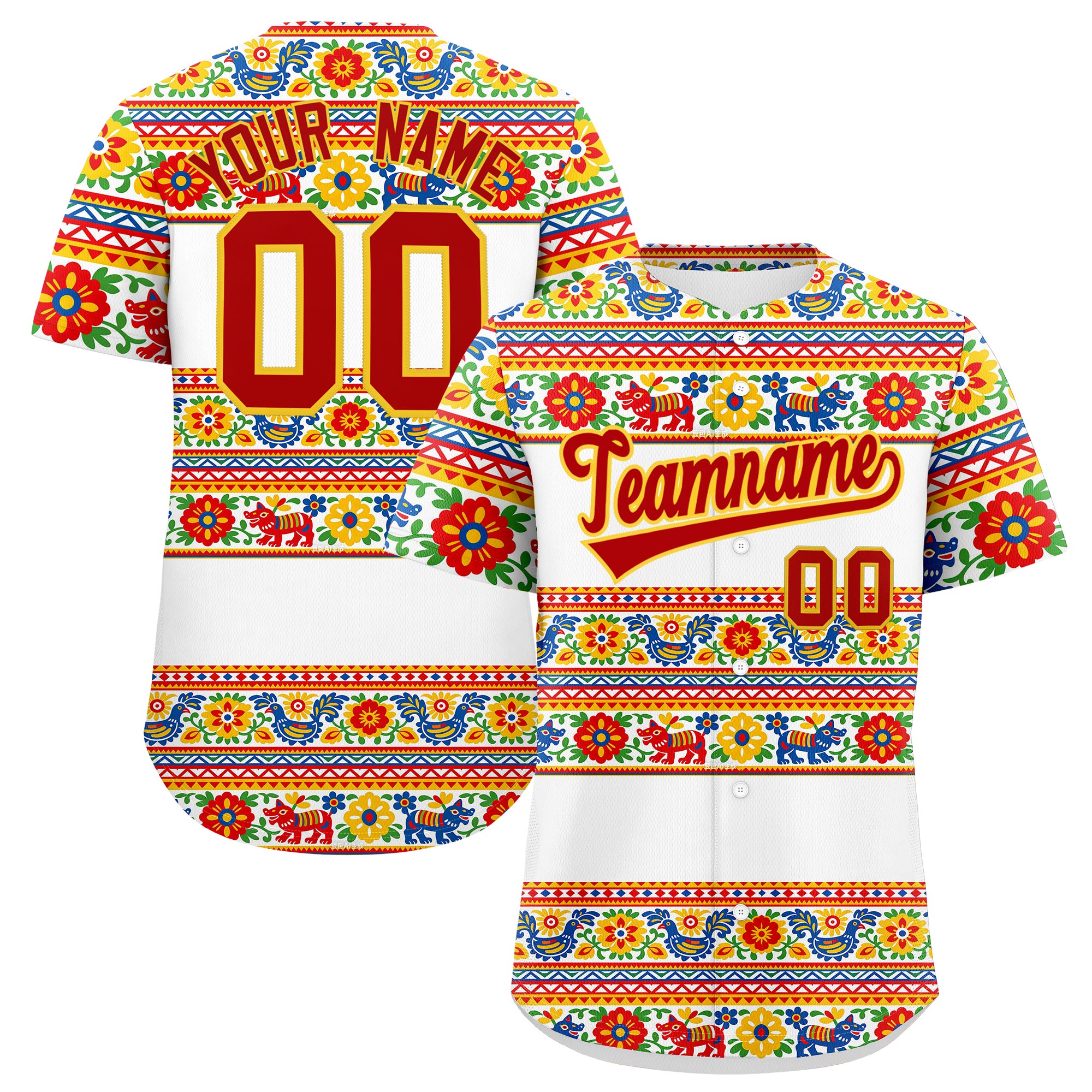 Benutzerdefiniertes Baseball-Trikot aus Stretchstoff mit Graffiti-Muster im mexikanischen Stil Benutzerdefiniertes Baseball-Trikot aus Stretchstoff mit Graffiti-Muster im mexikanischen Stil
