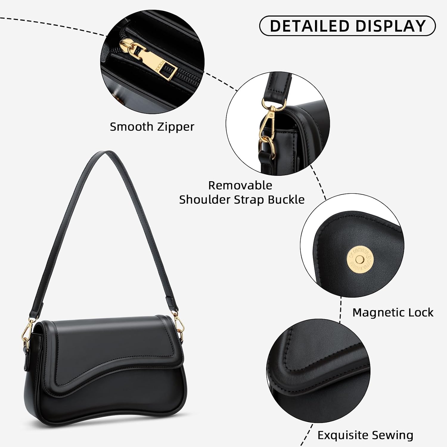 Women's Black PU Saddle Shoulder Bag Gold Buckle