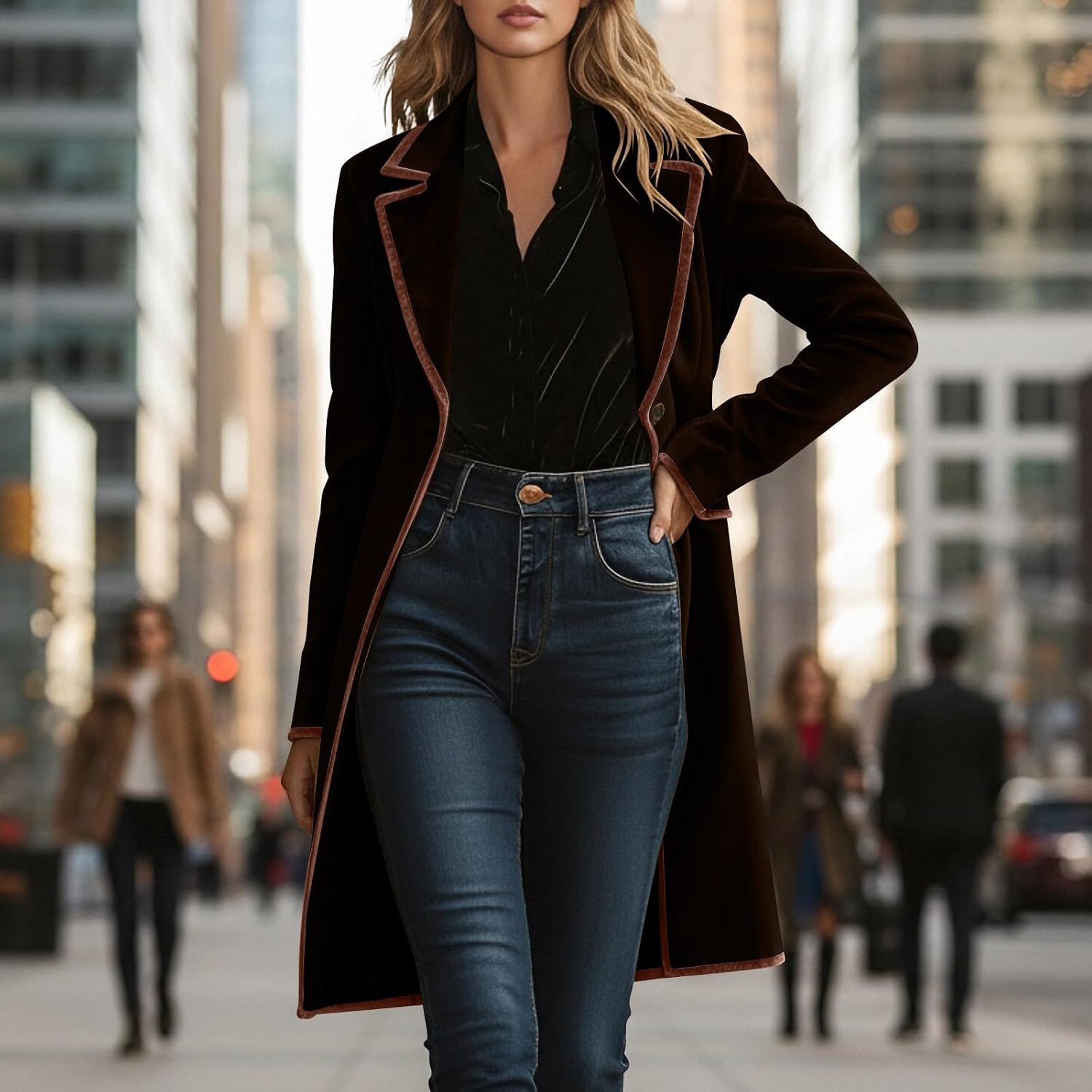 Women's Velvet Open Front Long Trench Coat Elegant Blazer Suit Jacket Sleeve Lapel Collar Outerwear Jackets Women's Velvet Open Front Long Trench Coat Elegant Blazer Suit Jacket Sleeve Lapel Collar Outerwear Jackets