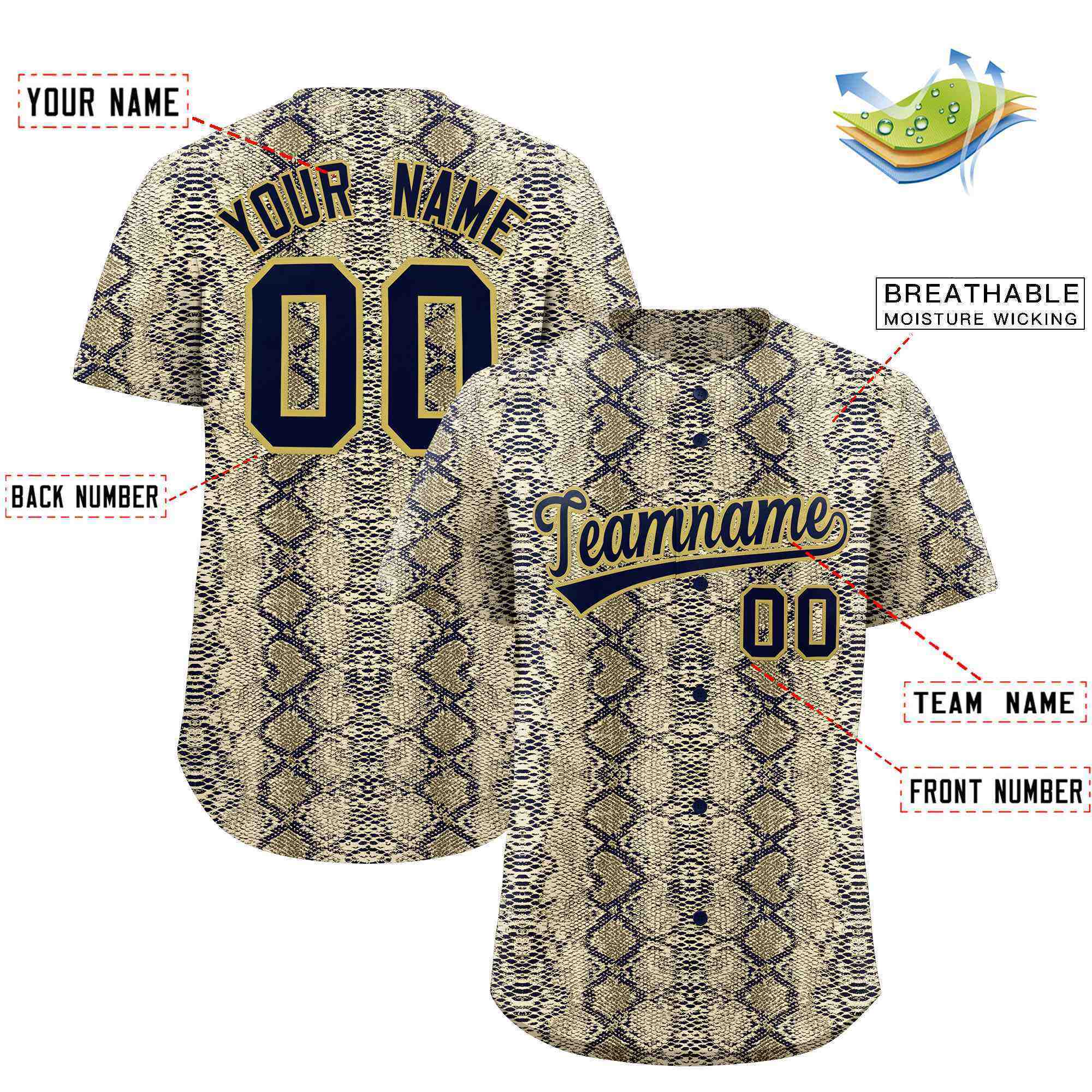 Benutzerdefiniertes authentisches Baseball-Trikot mit mehrfarbigem Schlangenledermuster