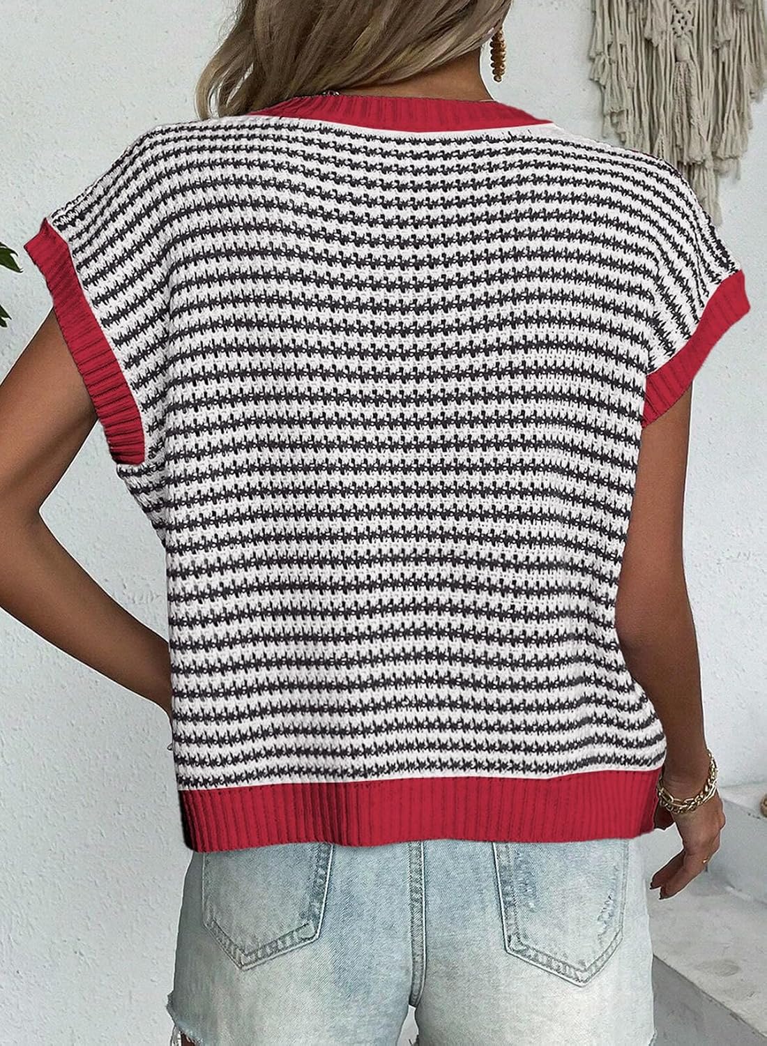 Women's Striped Crew Neck Cap Sleeve Sweater