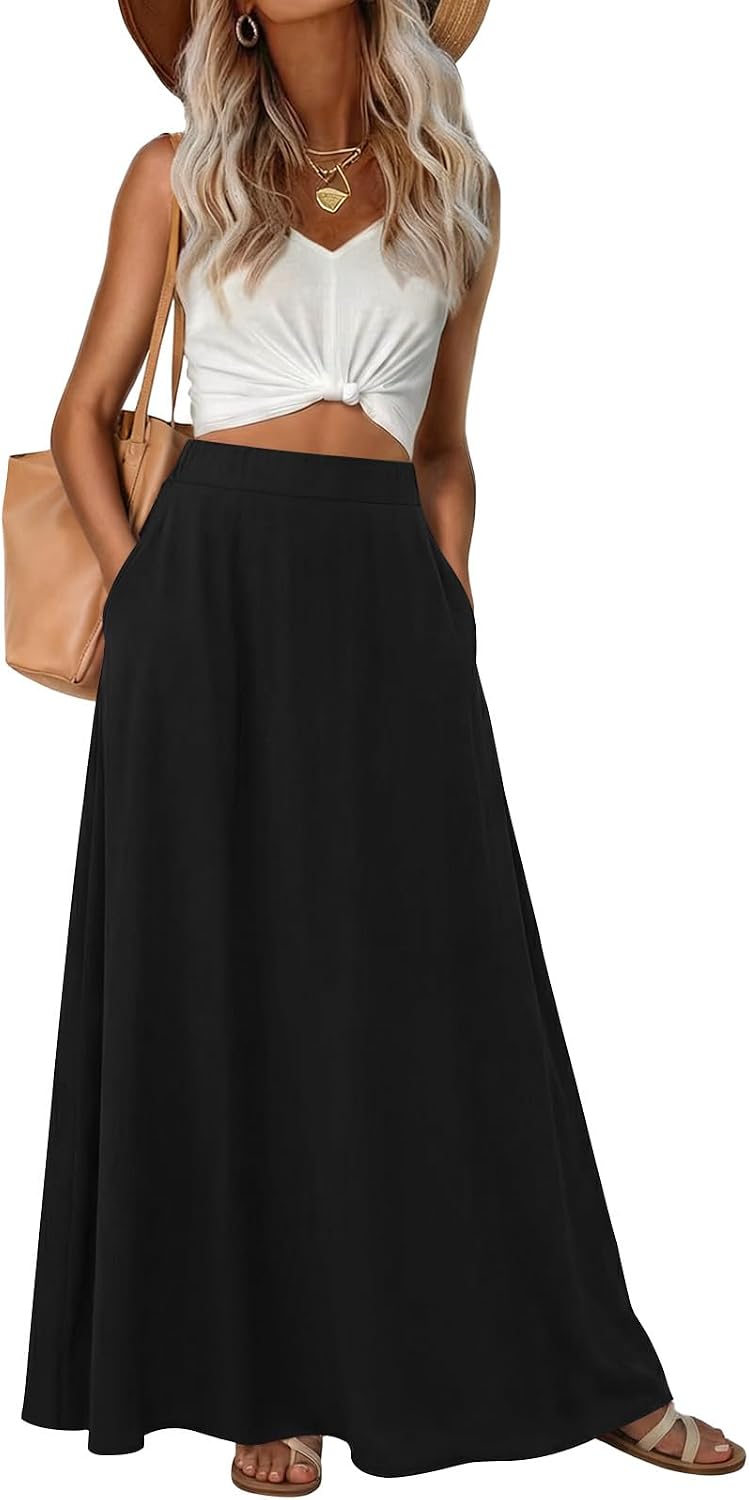Womens Maxi A-line Long Skirt High Waist Casual Elastic Flowy Skirts with Pockets