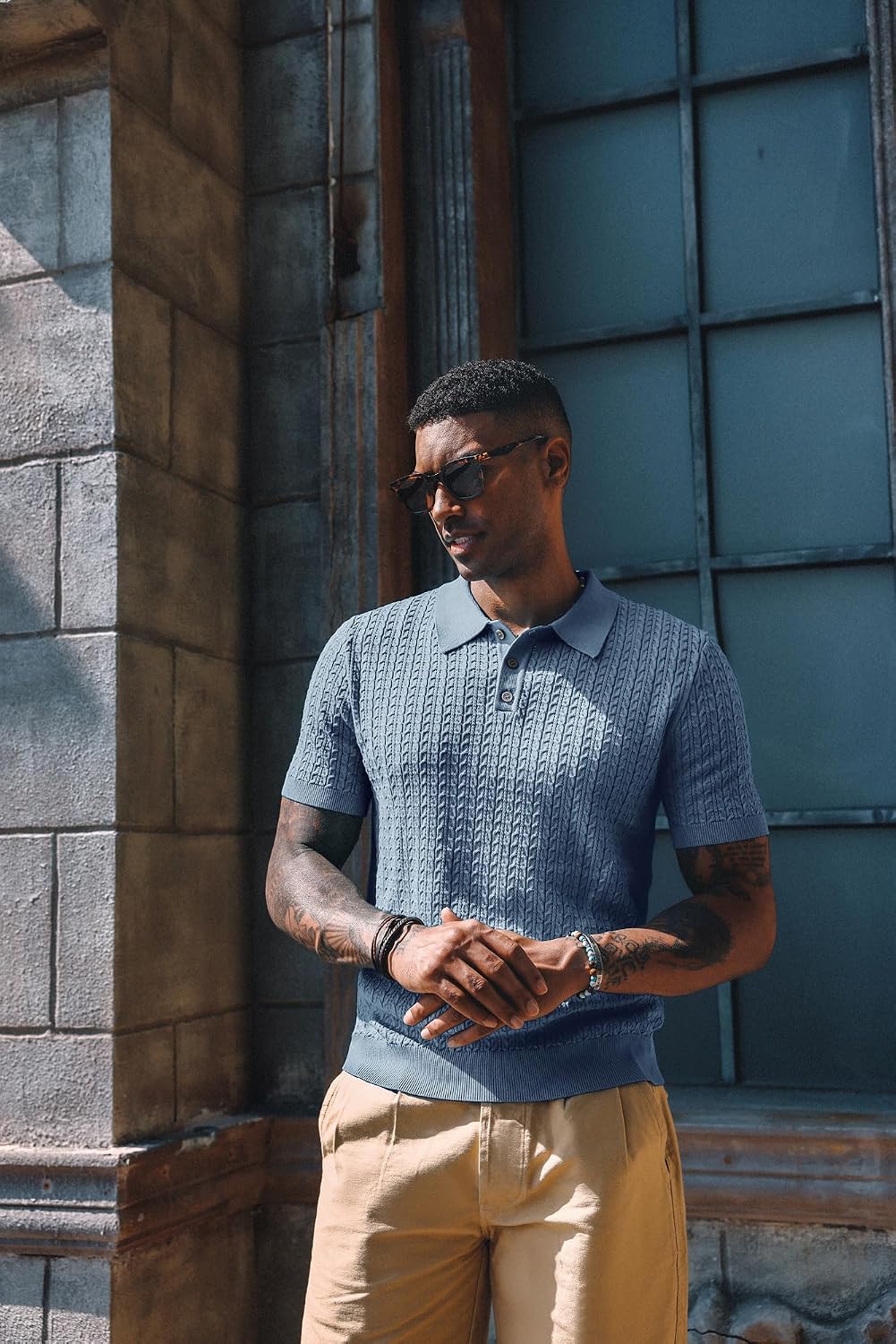 Men's Cable Knit Polo Shirt Short Sleeve Blue Men's Cable Knit Polo Shirt Short Sleeve Blue