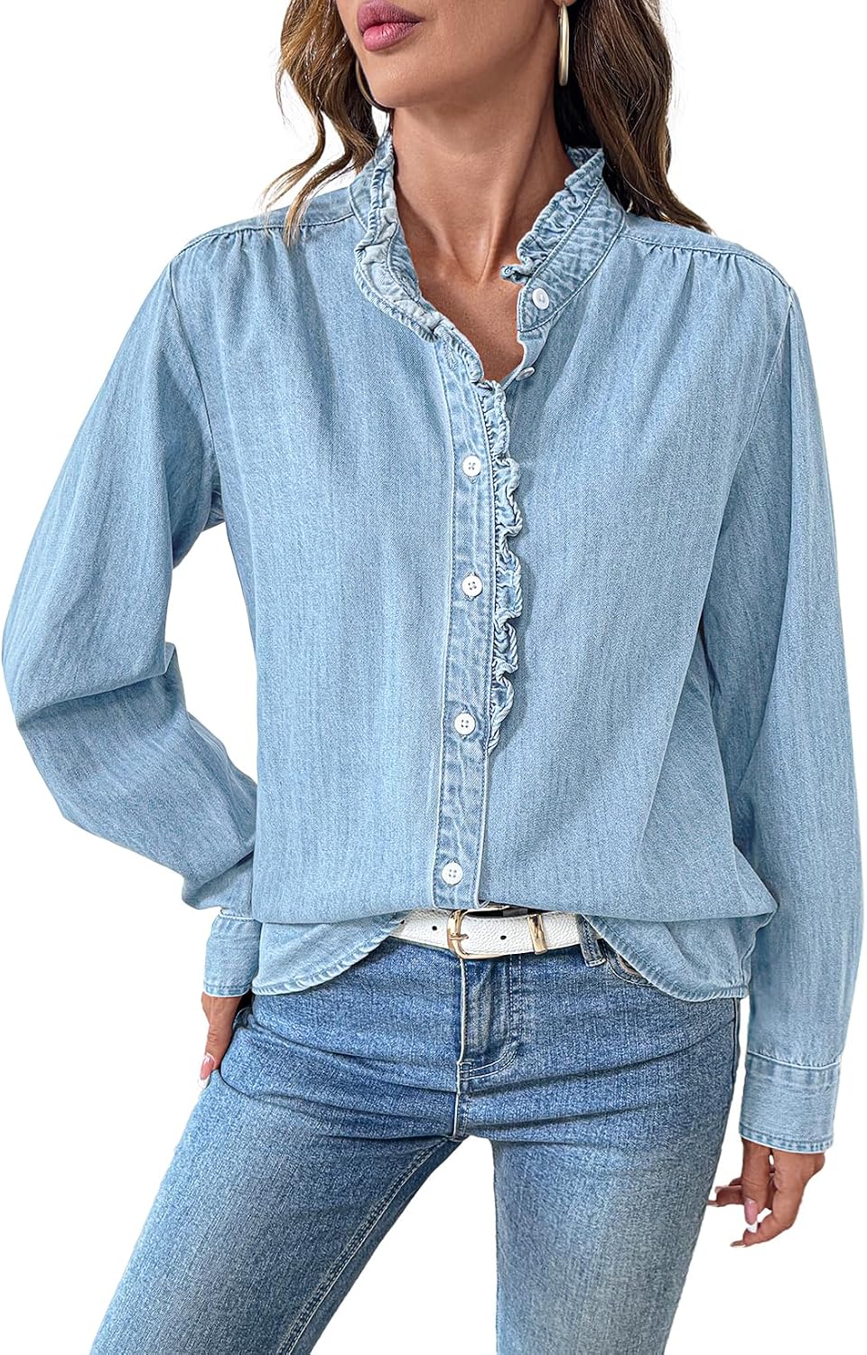 Women's Ruffle Trim Denim Shirt Button Down Long Sleeve