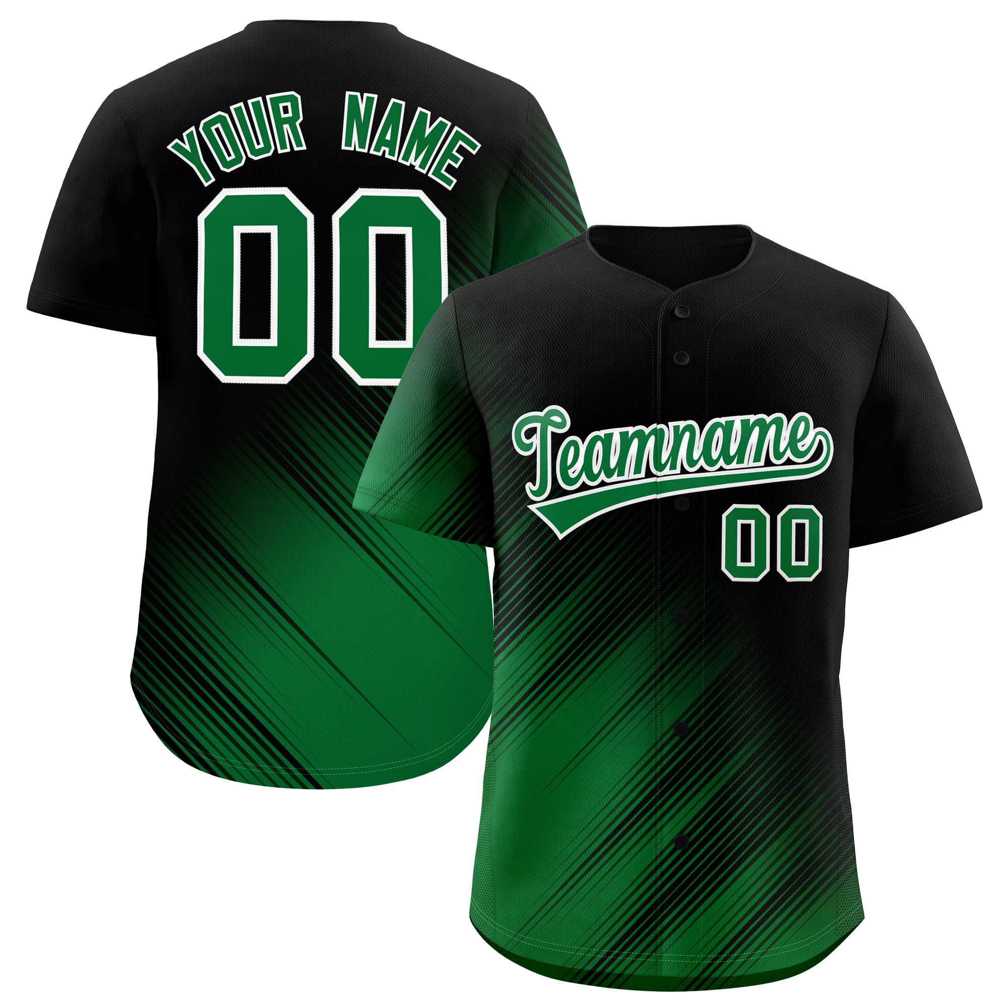 Benutzerdefinierte schwarze Kelly Green Diagonal Stripe personalisierte Farbverlauf Mode Baseball Jersey