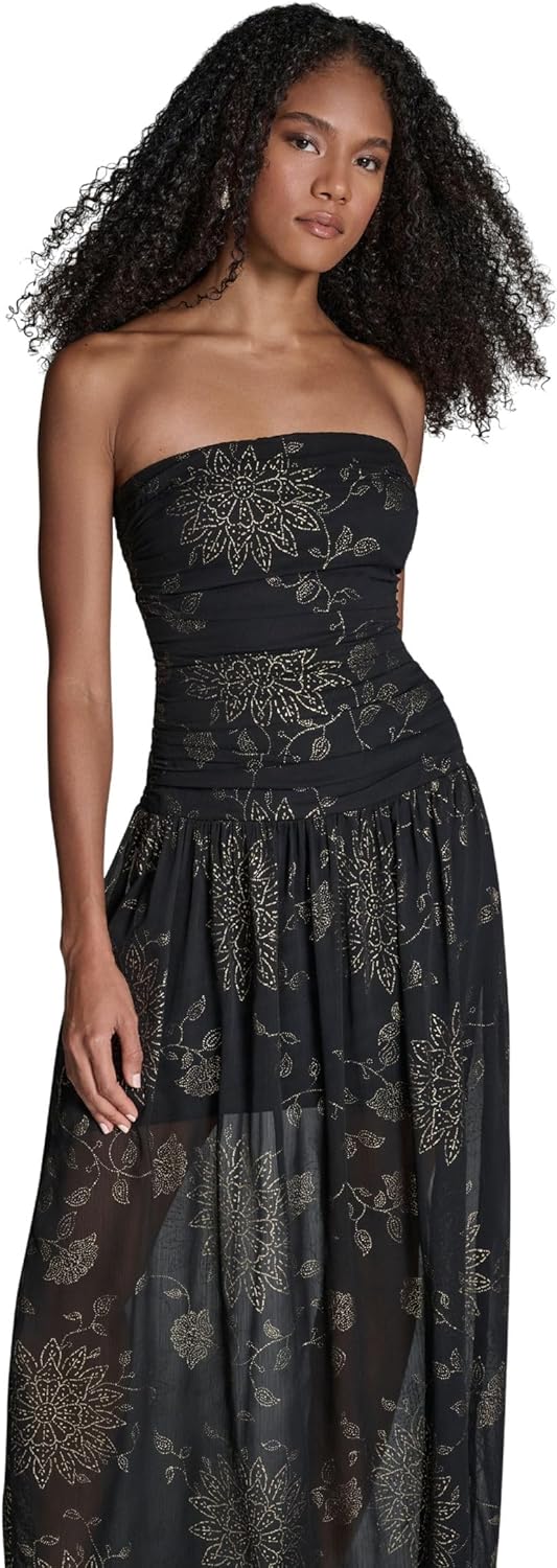 Women's Strapless Round Neck Floral Drop Waist Maxi Dress