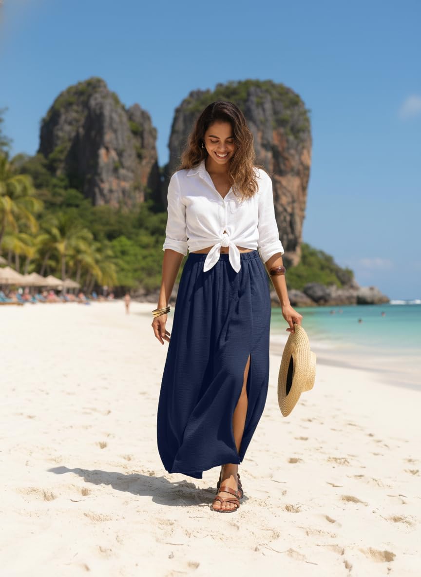 Womens Maxi Skirts High Waisted Flowy A Line Weekend Skirt with Side Slit for Spring Summer
