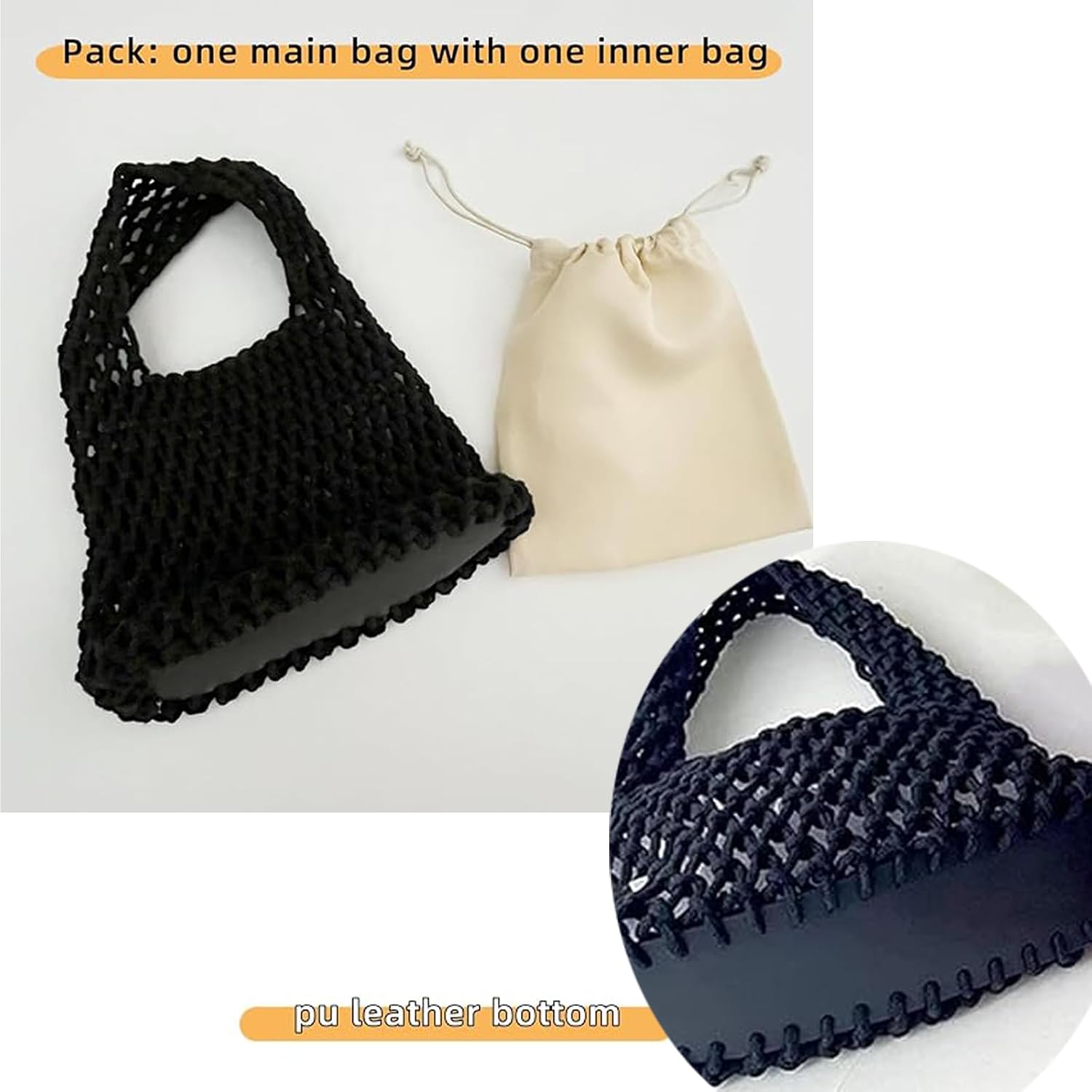 Women's Cotton Rope Mesh Tote Bag Black Women's Cotton Rope Mesh Tote Bag Black