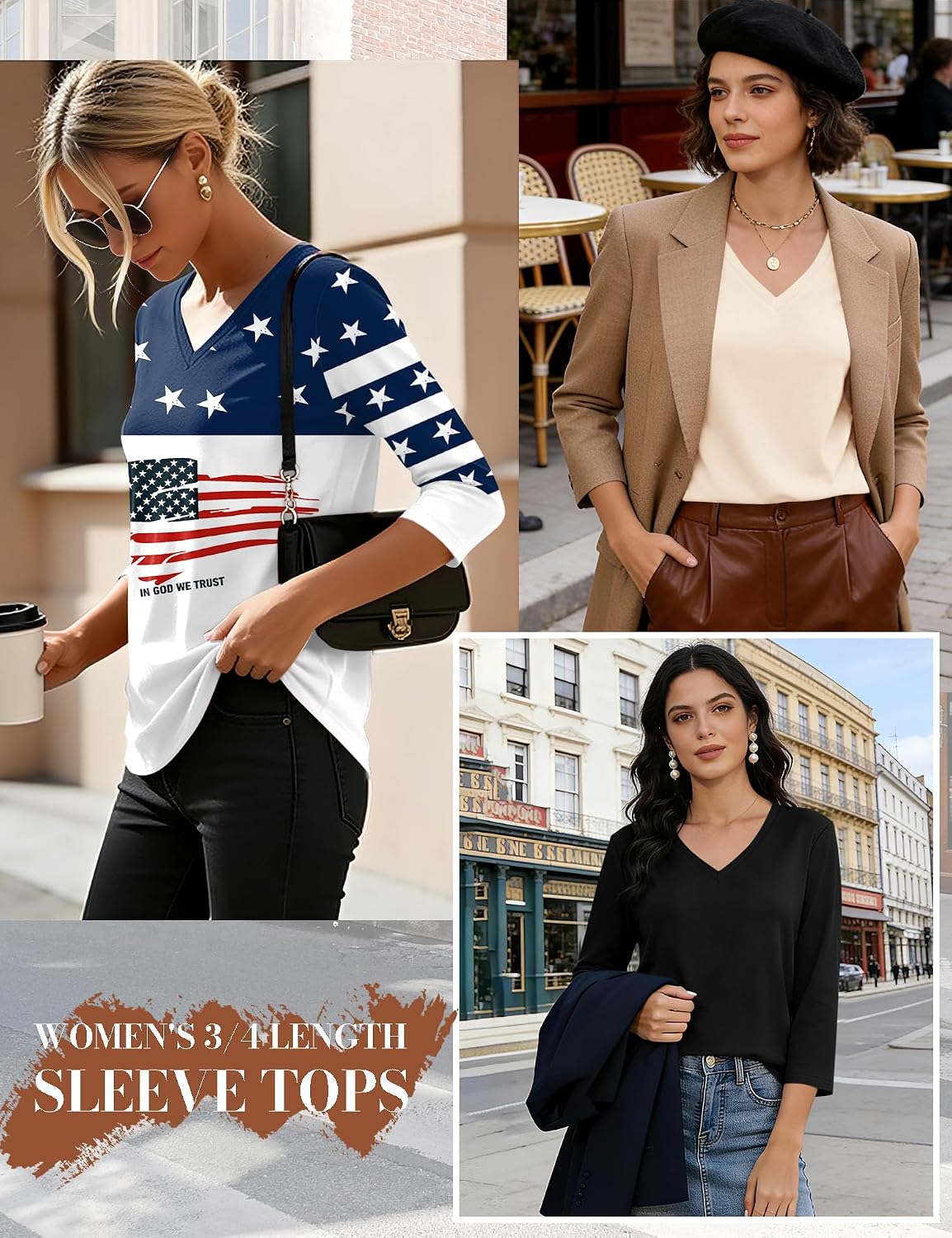 Women's 3 Pack 3/4 Sleeve V Neck T-Shirts