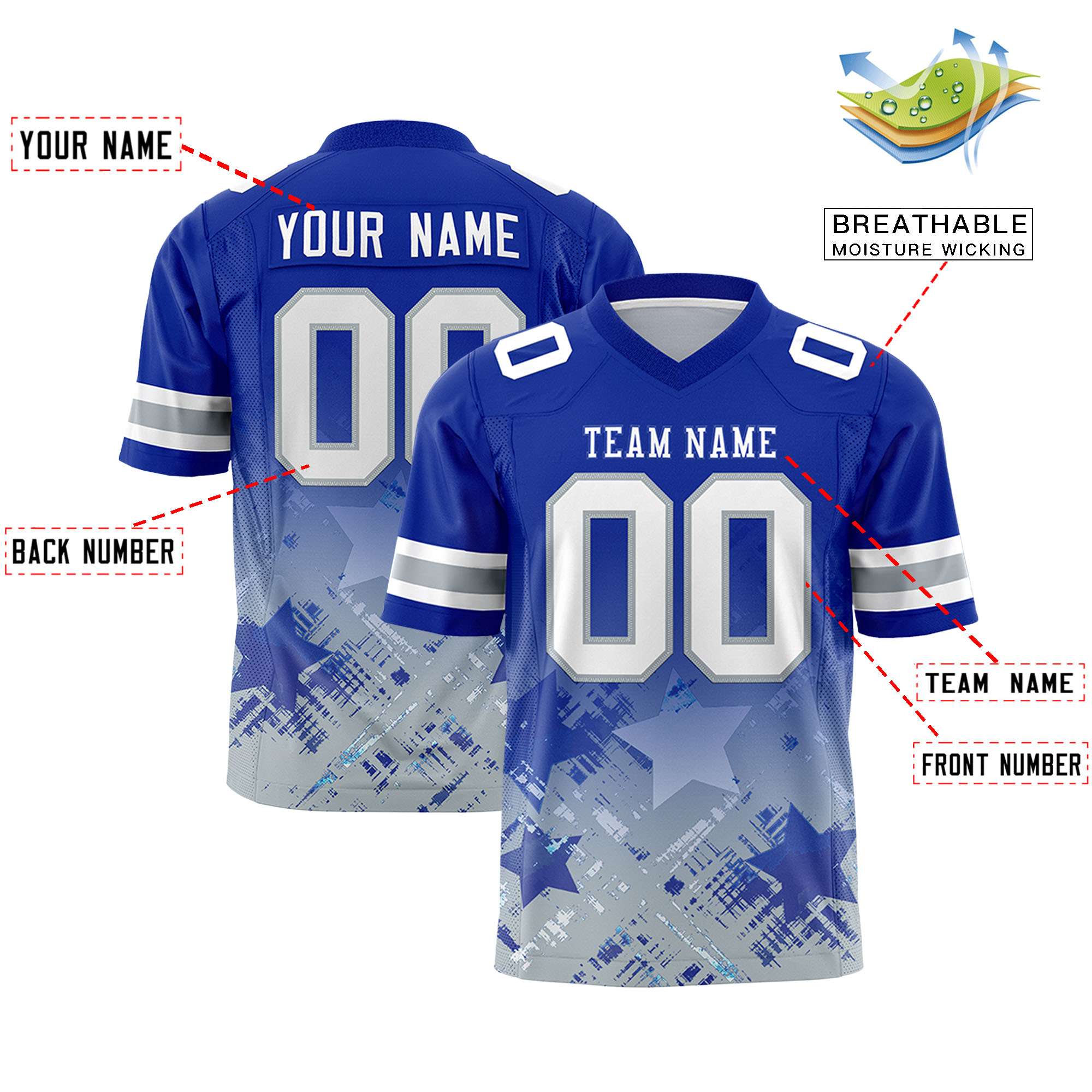 Benutzerdefiniertes, personalisiertes Fußballtrikot mit Stern-Flagge und Farbverlauf