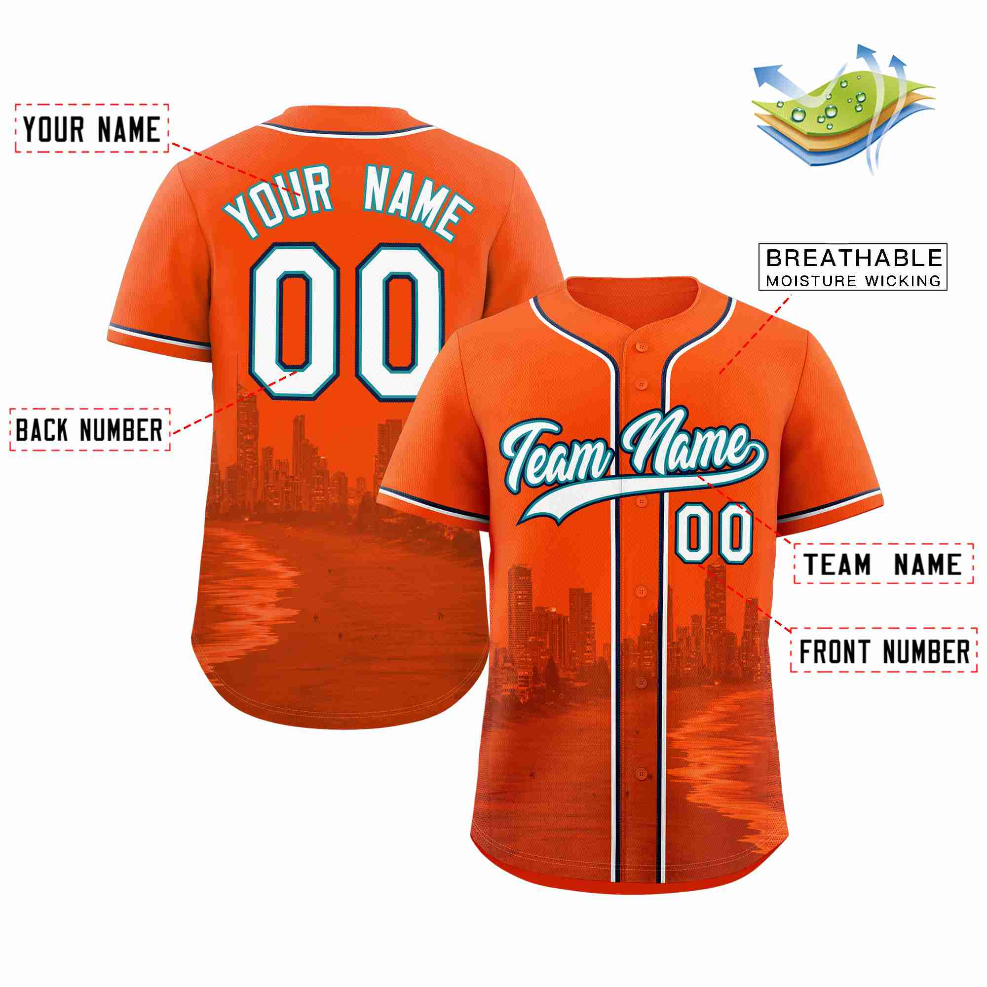 Benutzerdefiniertes Miami City Skyline Baseball-Trikot Benutzerdefiniertes Miami City Skyline Baseball-Trikot