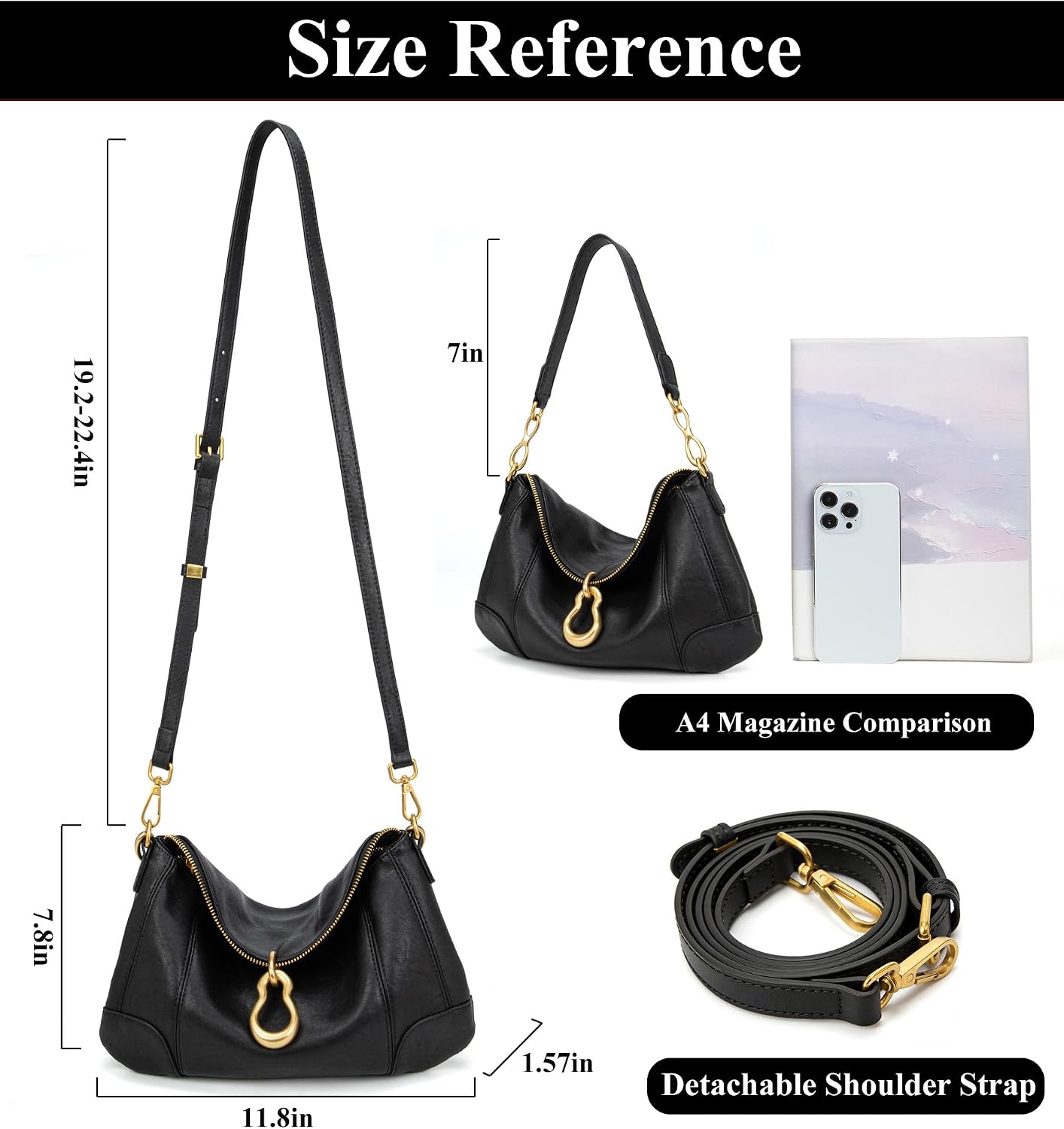 Women's Black PU Hobo Shoulder Bag Gourd Charm