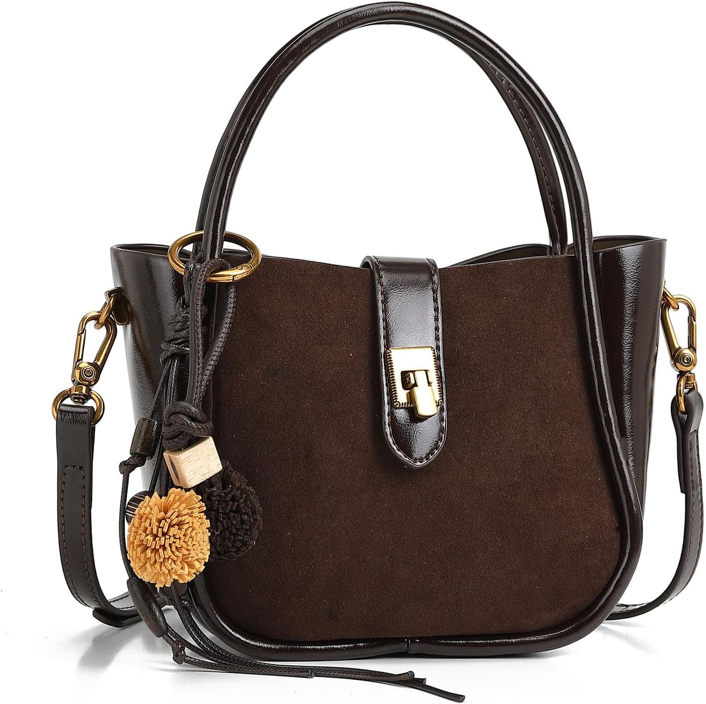 Women's Suede Patchwork Turn-Lock Hobo Handbag, Brown Women's Suede Patchwork Turn-Lock Hobo Handbag, Brown