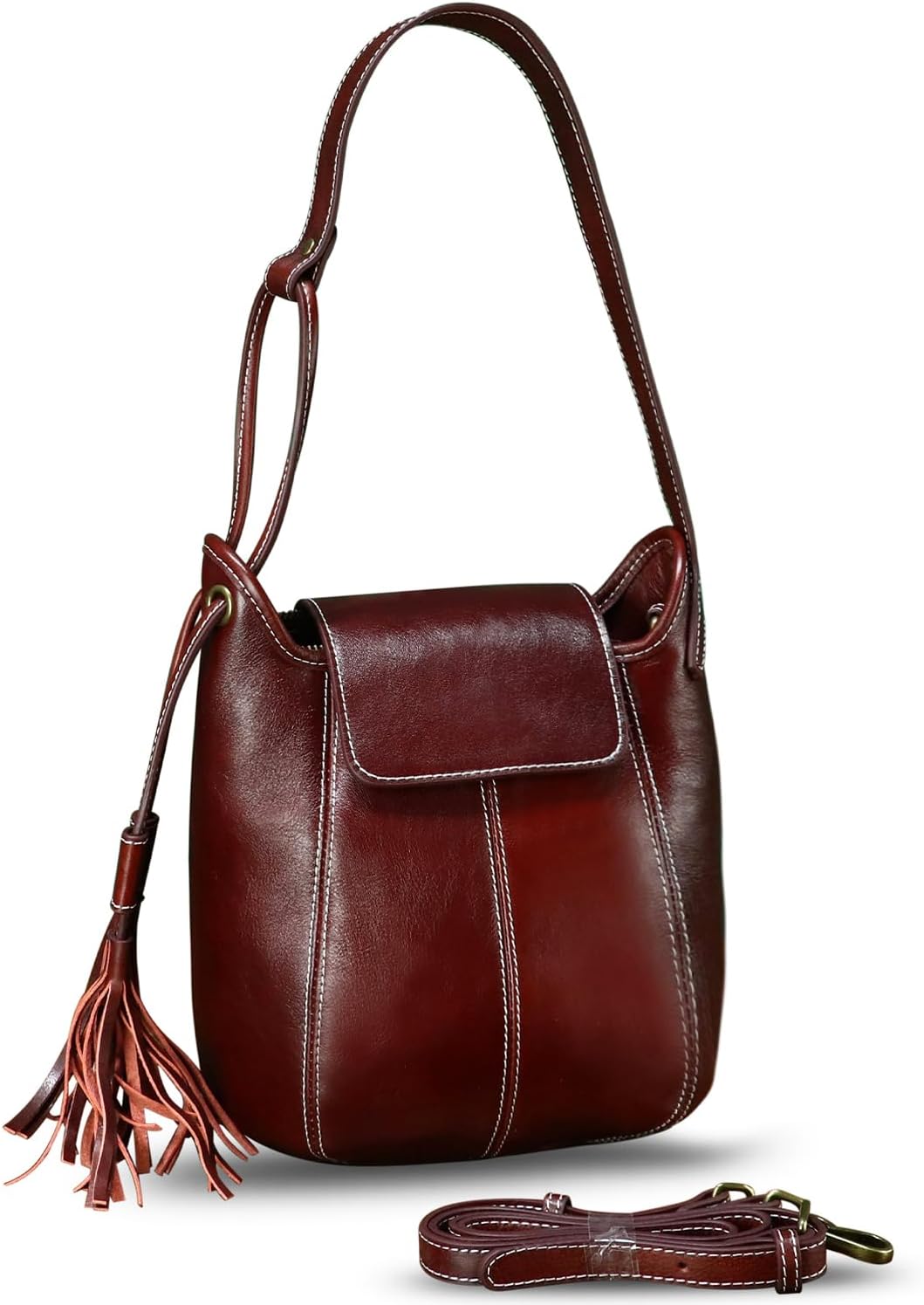 Women's Genuine Leather Hobo Bag with Tassel Burgundy