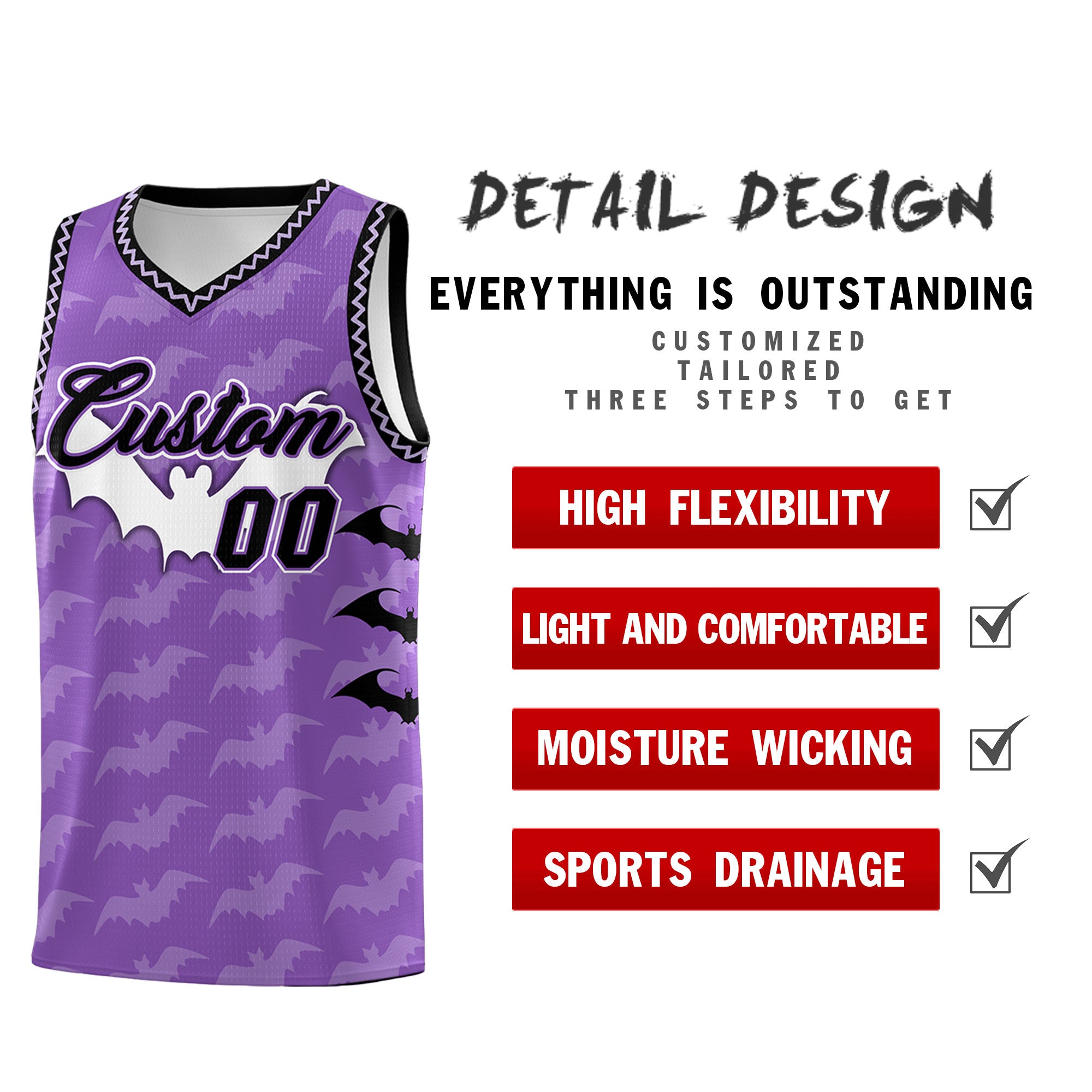 Benutzerdefiniertes hellviolettes Fledermausmuster-Halloween-Basketballtrikot