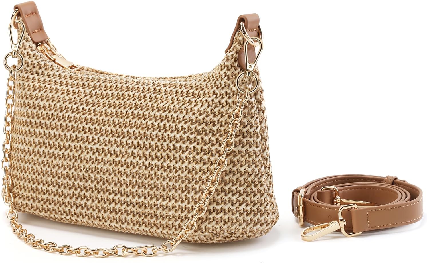 Women's Straw Woven Crossbody Bag with Chain Strap