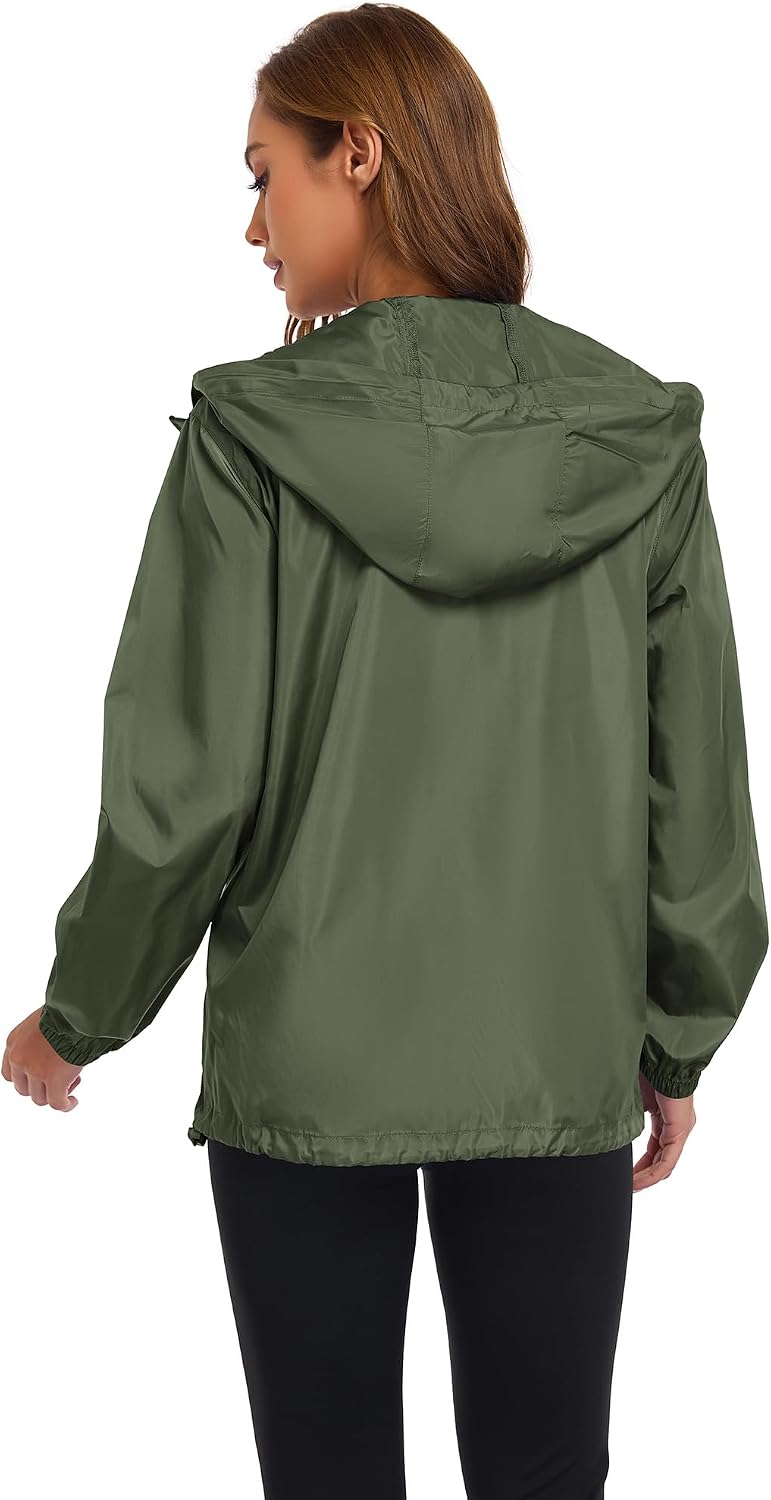 Women's Packable Hooded Rain Jacket Waterproof Army Green