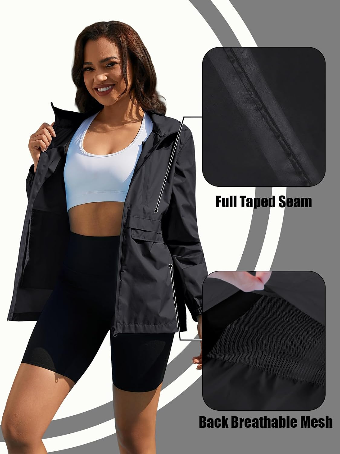 Women's Packable Rain Jacket Waterproof Hooded Black