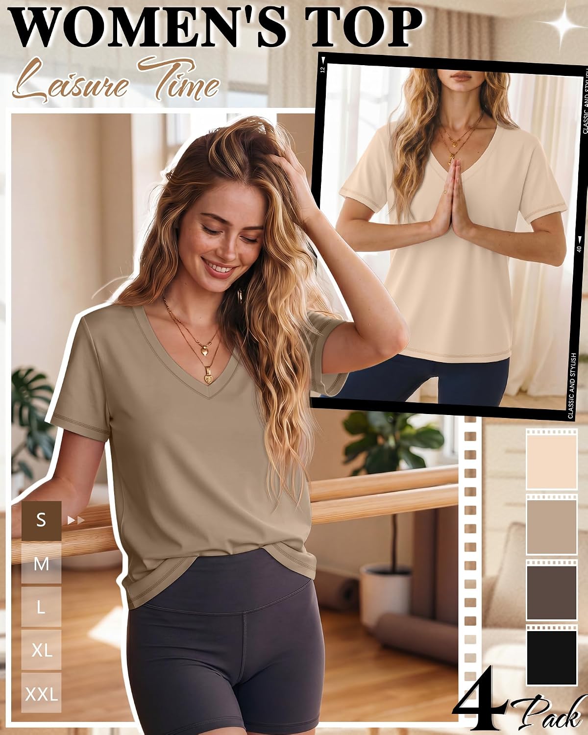 Women's 4 Pack Short Sleeve V Neck T-Shirts