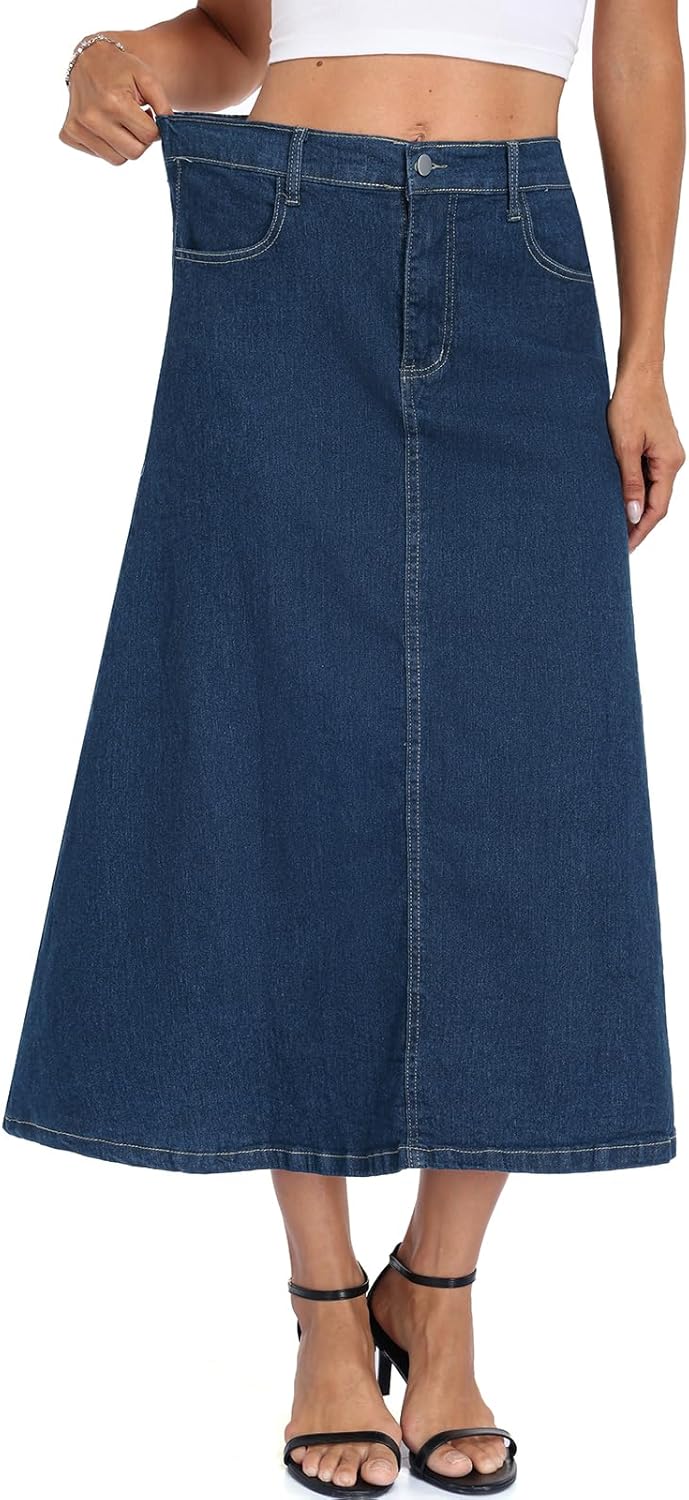Denim Skirt for Women Strechy High Wasited A Line Casual Midi Jean Skirts with Pockets