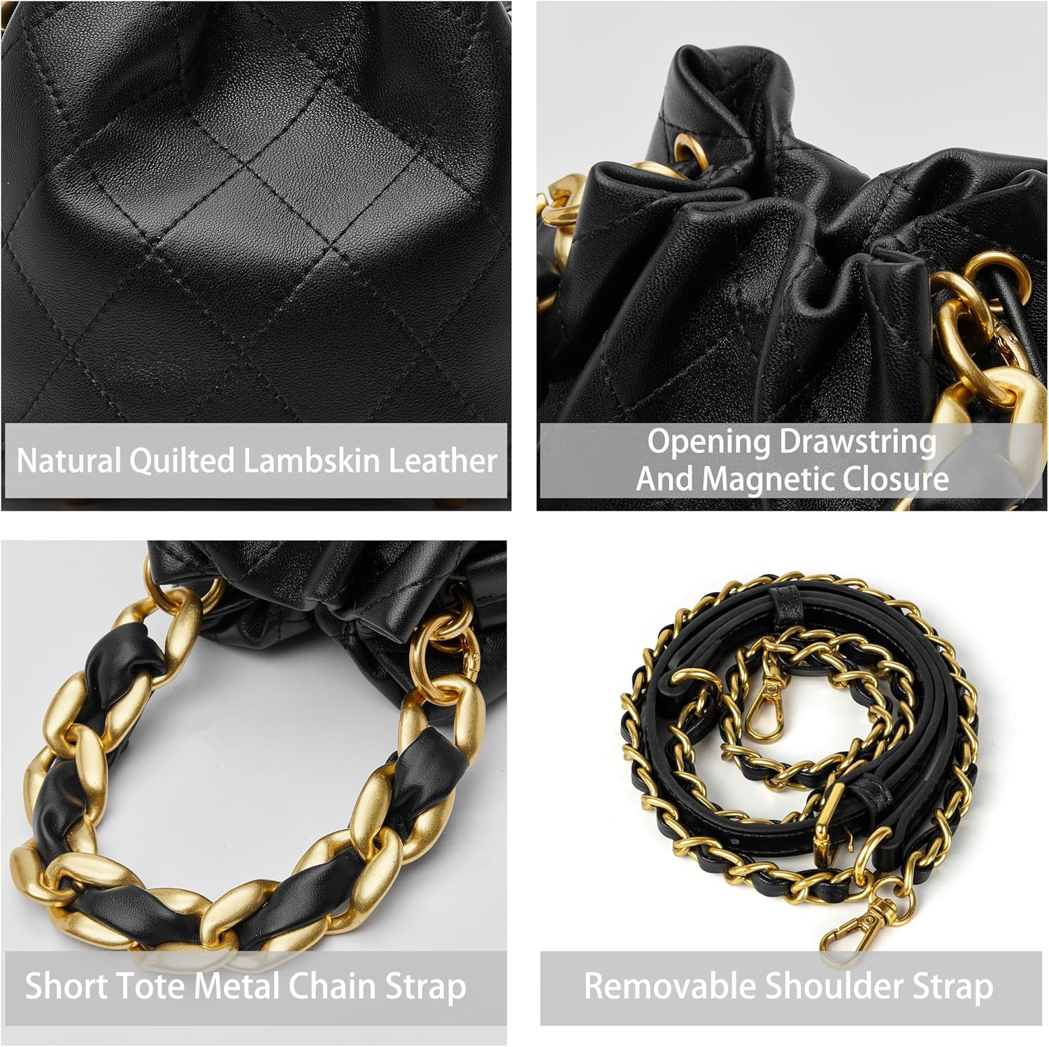 Women's Quilted Lambskin Chain Drawstring Bucket Bag, Black