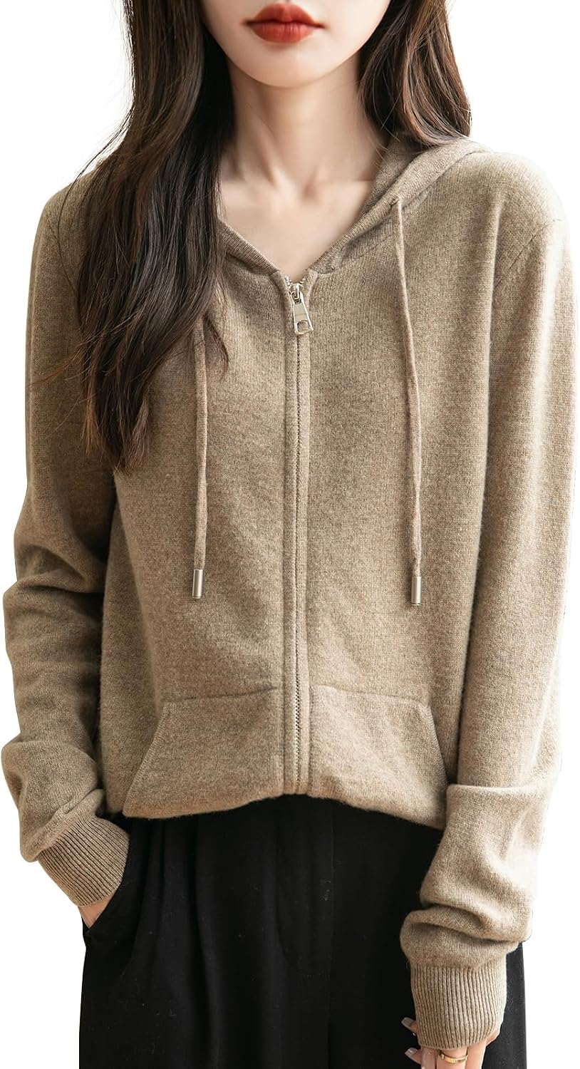 Women's 100% Merino Wool Zip Up Hoodies Fall Winter Warm Long Sleeve Knit Sweatshirt Cardigan with Pocket