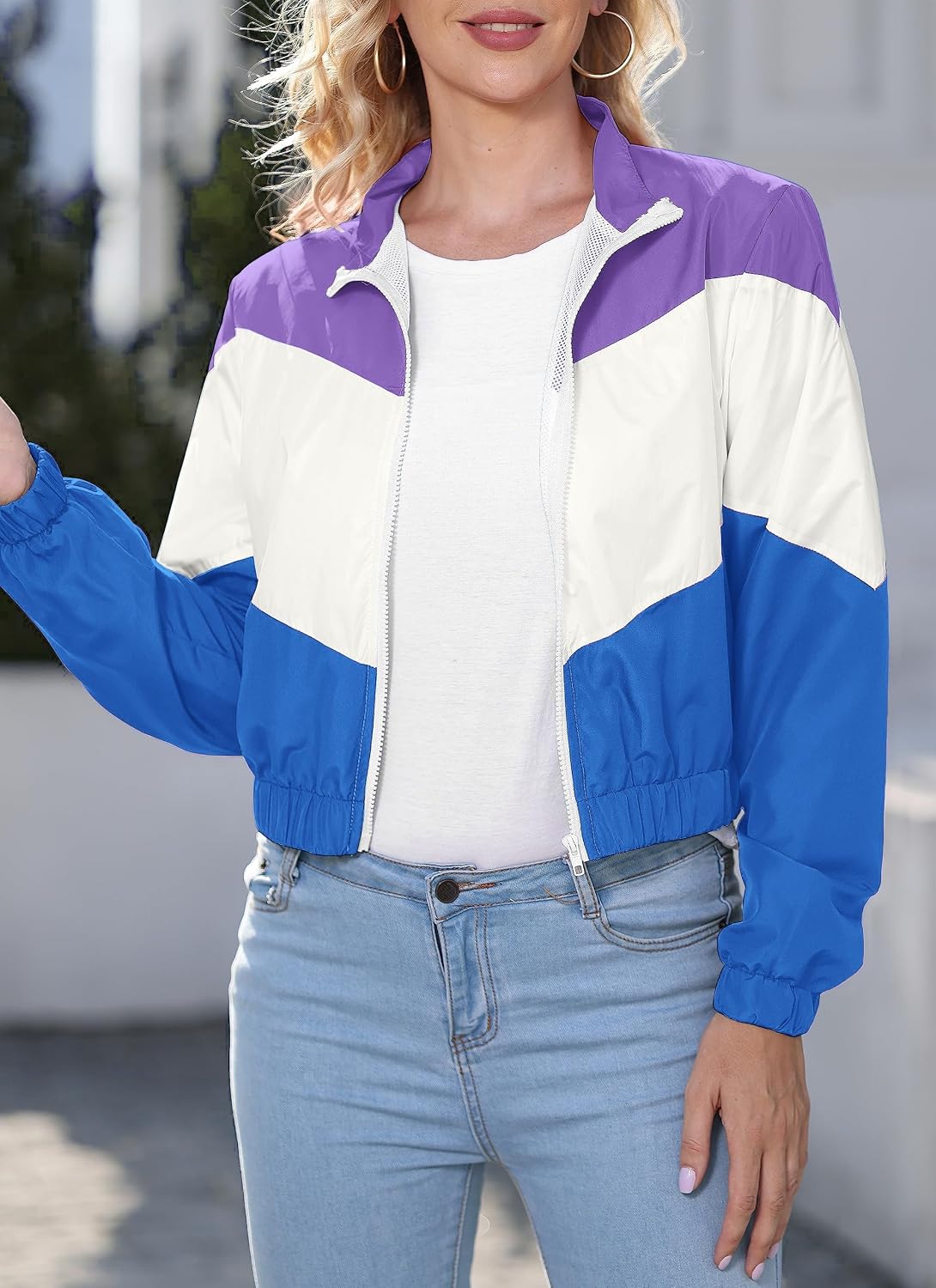 Women\u2019s Lightweight Windbreaker Sport Jacket Zip Up Color Block Coat Long Sleeve Jogging Outerwear
