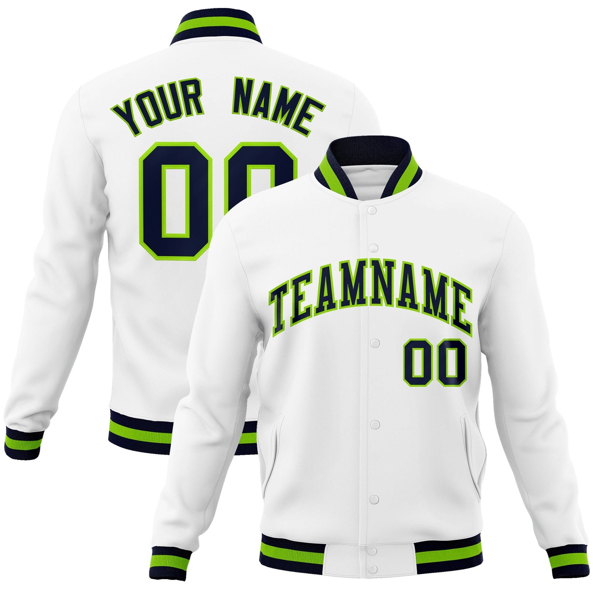Custom Navy-Neon Green Classic Style Varsity Full-Snap Letterman Jacket