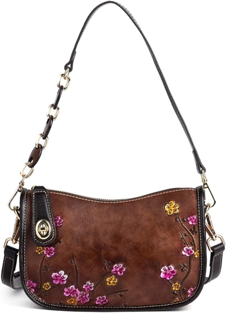 Women's Embroidered Floral Genuine Leather Shoulder Bag Brown