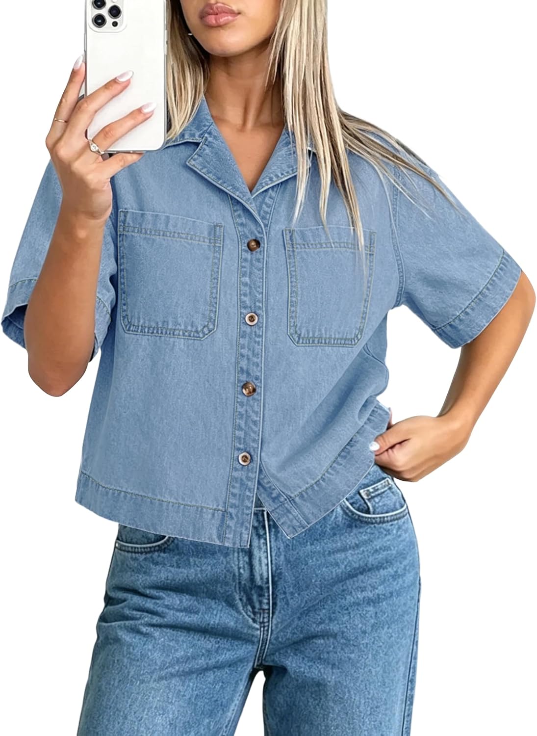 Womens Crop Denim Top Short Sleeve Shirt Button Down Jean for Women Cropped Shirts with Pocket