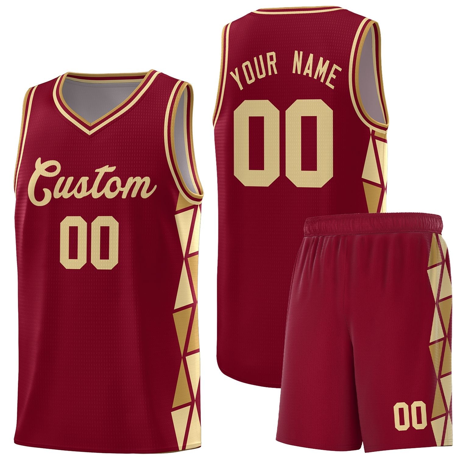 Maßgeschneidertes Crimson Old Gold-Khaki Side Two-Color Triangle Splicing Sports Uniform Basketball Jersey