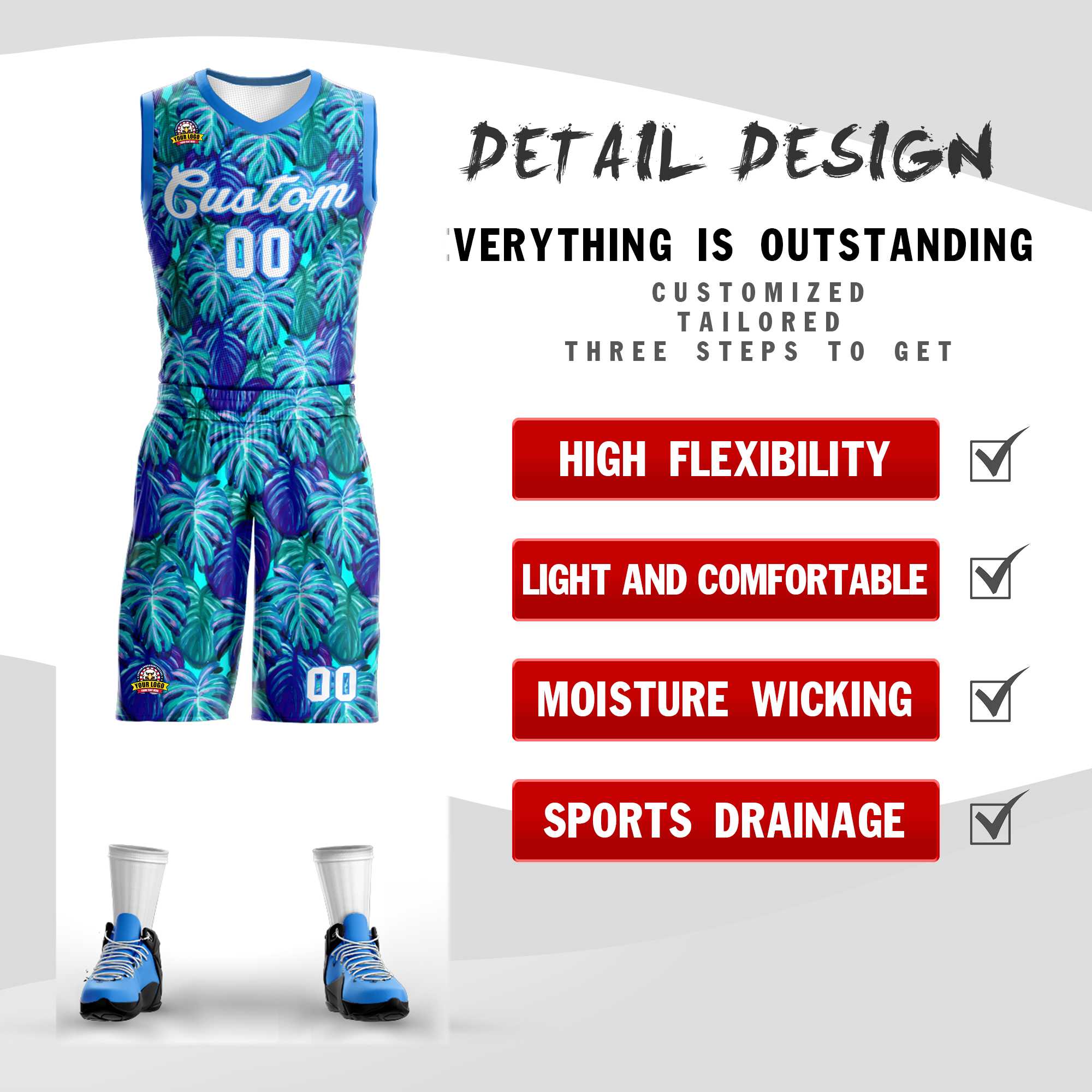 Benutzerdefinierte weiß-puderblaue Graffiti-Muster-Sets Mesh-Basketballtrikot