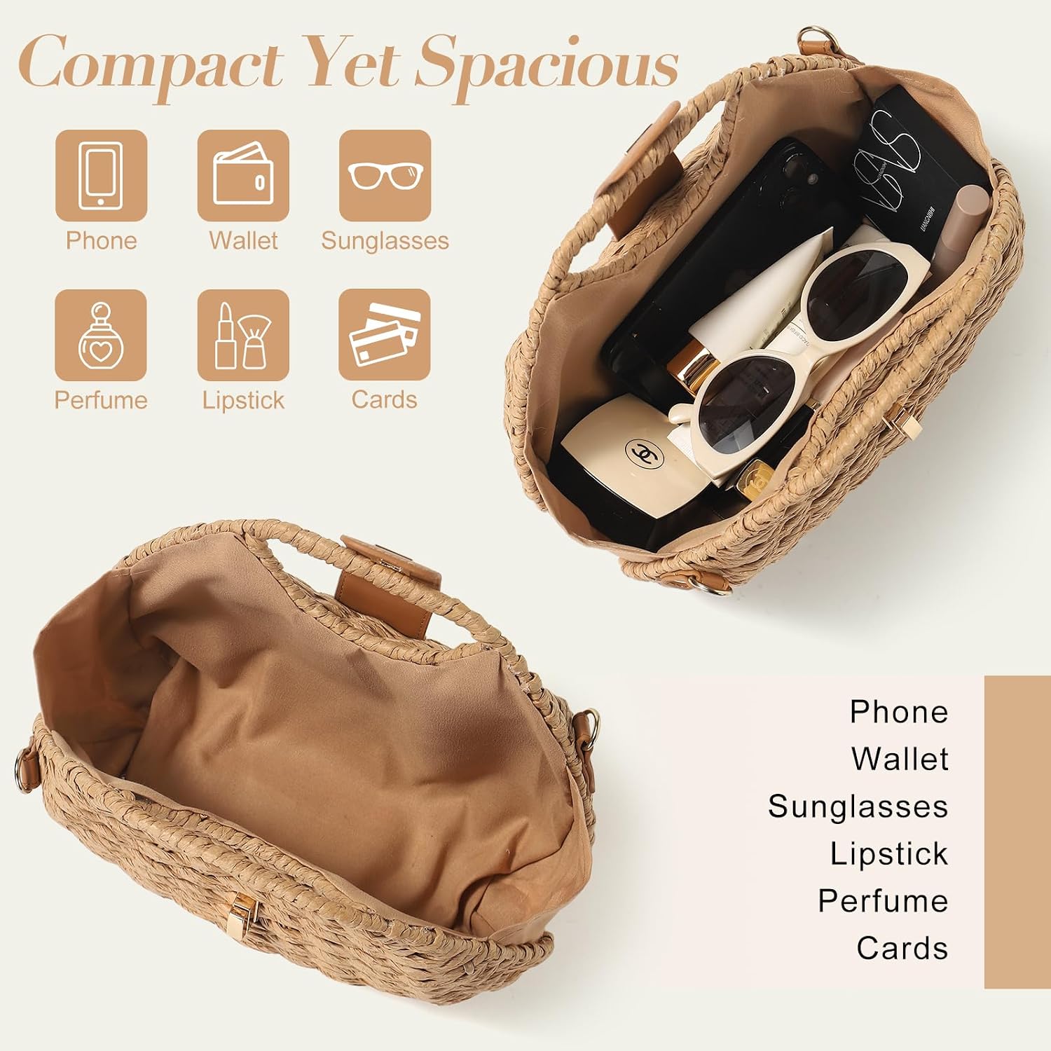 Women's Straw Woven Crossbody Bag with Turn Lock Closure