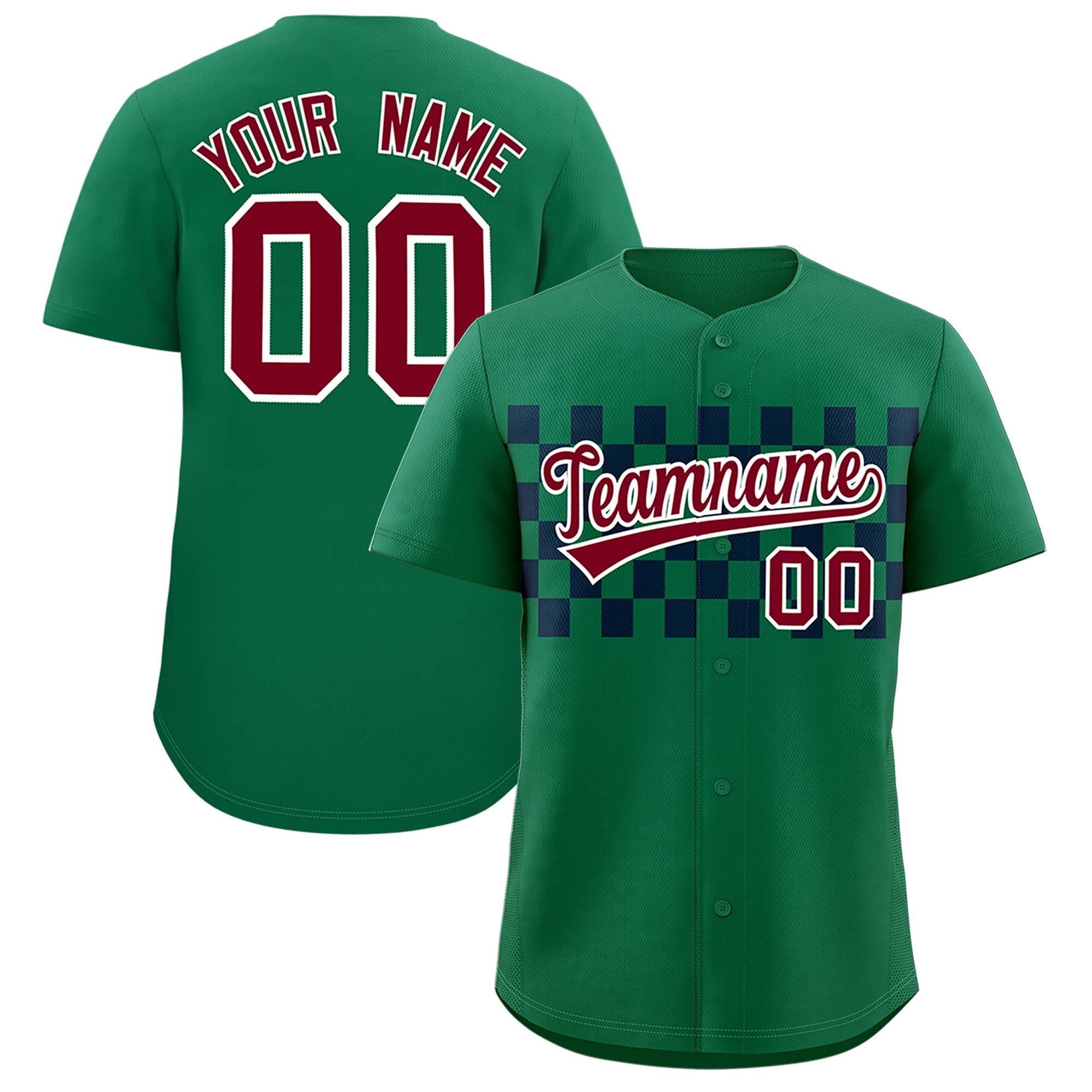 Benutzerdefiniertes Kelly Green Navy personalisiertes kariertes Modedesign, authentisches Baseball-Trikot