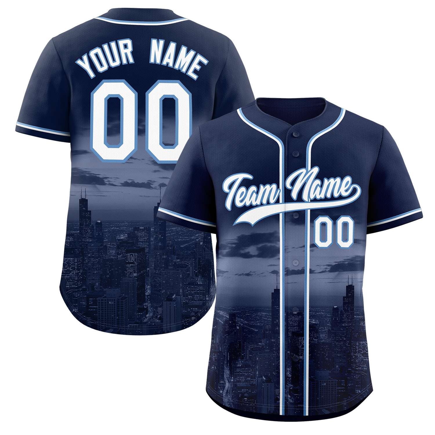 Benutzerdefiniertes weiß-hellblaues Chicago City Skyline Baseball-Trikot