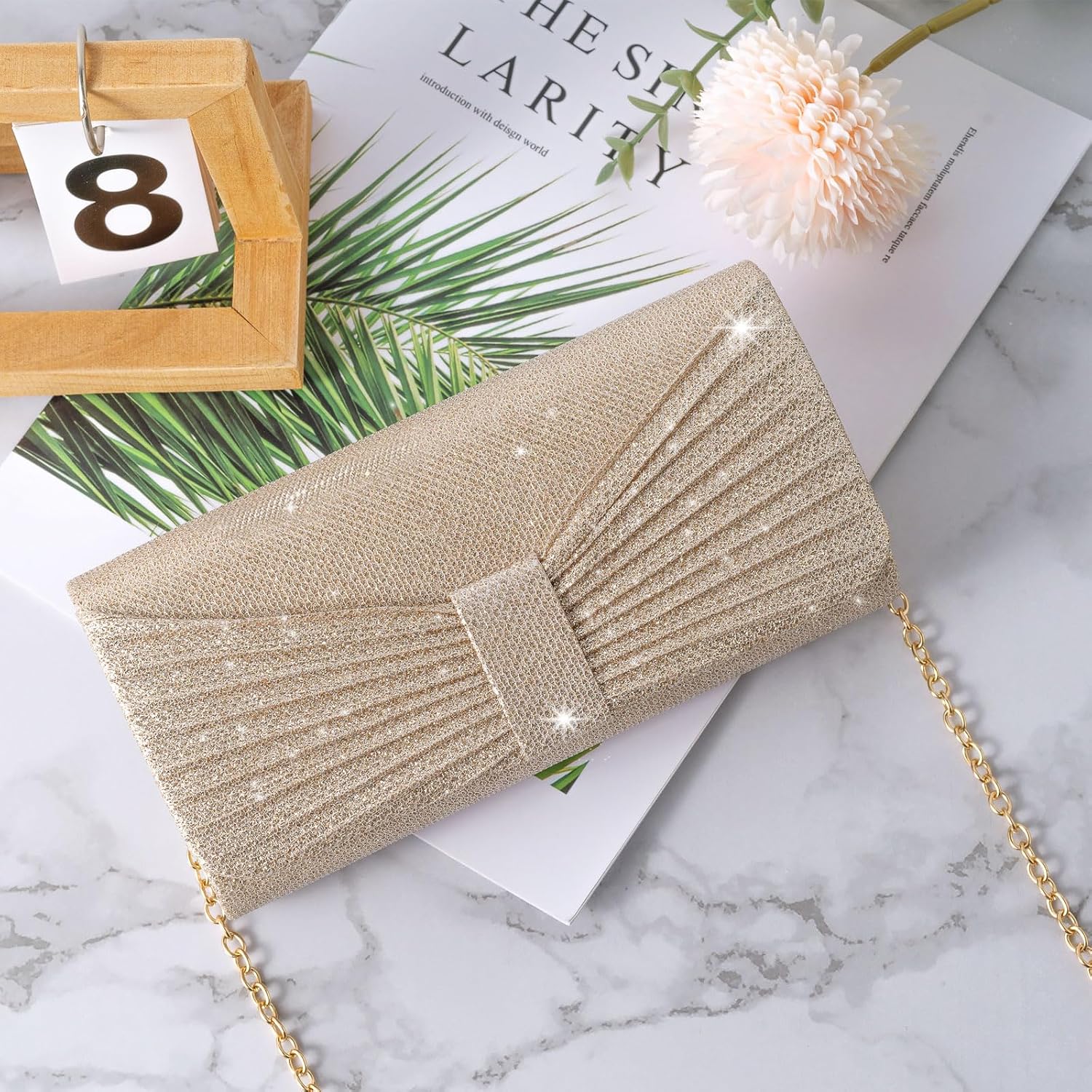 Women's Gold Glitter Envelope Clutch with Bow and Chain